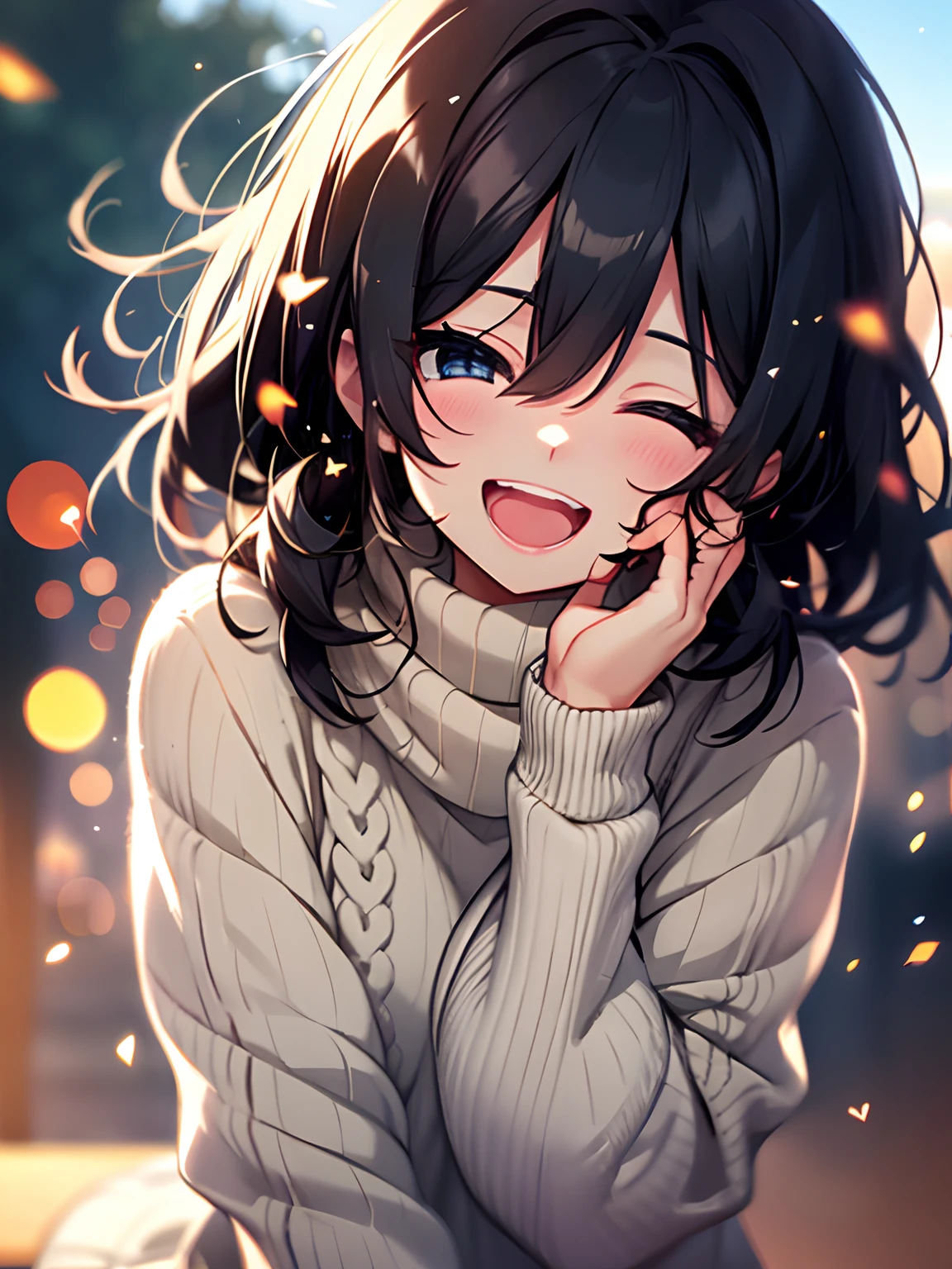 girl with, Black hair, cosy sweater on, Upper body, (great laughter:1.1), (Open mouth:1.1), (Wide open eyes:1.2), Sun glare, Bokeh, depth of fields, Blurry background, light Particle, strong breeze, (Heart particles:1.1), 4K