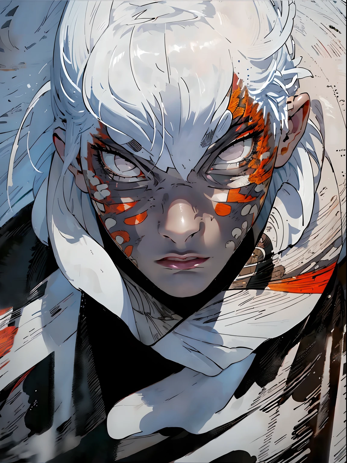 Create a full-length portrait of a dark-skinned character with white short afro textured hair with low skin fade. He is a host of a natural entity similar to Hanami from Jujutsu Kaisen. His body features intricate branch patterns that cover his skin like white tattoos. It radiates a mysterious and cursed aura. Realistic, (Masterpiece, Superior Quality, Best Quality, Official Art, Beauty and Aesthetics: 1.2), Very Detailed, More Detailed, Zentangle, (Abstract Background: 1.5) (1boy: 1.3), God, White Hair, (Bright white Eyes), Handsome Man, Hell, Dark Skin, White, Tattoos, Cursed Aura, Black Clothes