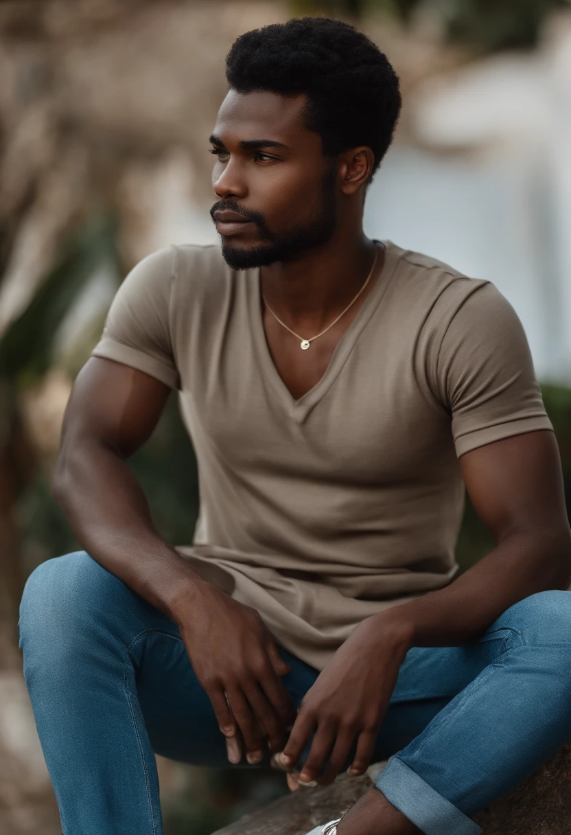 Imagem de um homem (jovem rapaz de 22 anos) , muito bonito, muito bem vestido, usando um smoking azul escuro sem gravata com uma camisa interior de cor azul claro. O homem tem barba curta e bem feita, tom de pele castanho, de origem africana, with detailed lips and not too thin nor too thick (medium), nose of African characteristic, olhos castanhos escuros e profundos que transmitem um olhar sedutor e confiante. The facial expression has to be serious and quite attractive, cabelos pretos e bem tratados, with a characteristic cut of a young modern African. Corpo forte mas, not too muscular and he shouldn't be fat (You have to be an average weight and healthy), Altura: 1.68 metros. The setting has to be an enclosed place, mas, bem detalhado, como um quarto, o Homem, You have to stand as if you were doing a model pose, But he shouldn't smile. O retrato tem de ser realista e completo, ou seja, deve mostrar o corpo todo do rapaz. .