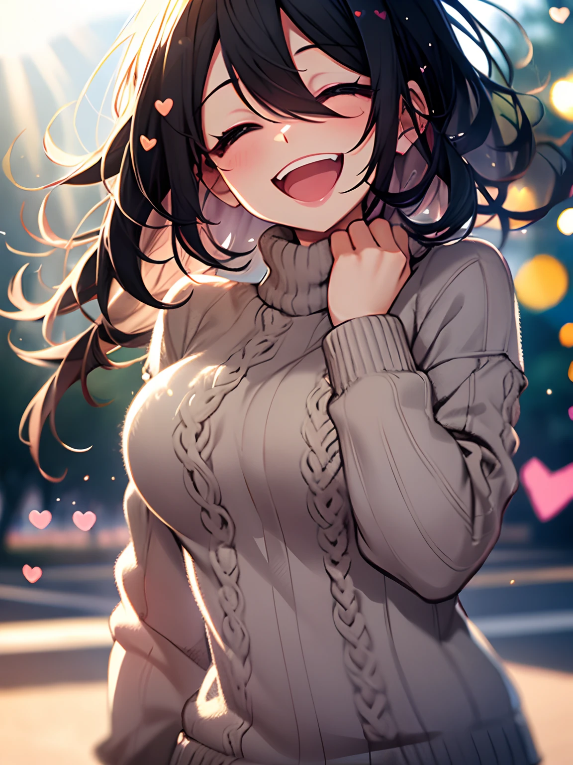 high school girl, Wear a cozy sweater, Upper Body, (LOL:1.1), (Open your mouth:1.1), (Eyes Wide Open:1.2), Sun glare, Bokeh, Depth of written boundary, Blurred Background, Particles of light, Strong winds, (Heart Particles:1.1), Big Breasts