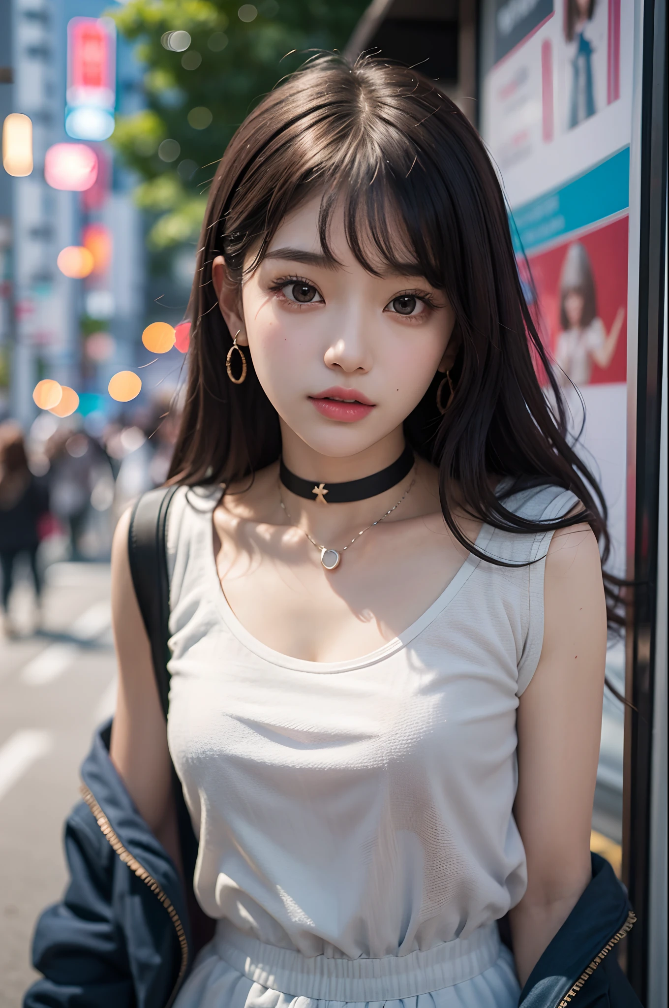 Best Quality Detail:1.2, realisitic, 8K UHD, hight resolution, 1girl in:1.2, The ultra-detailliert, High quality textures, intricate detailes, detaileds, Very detailed CG, High quality shadows, Detail Beautiful delicate face, Detail Beautiful delicate eyes, depth of fields, Ray traching, in her 20s, Pretty Kpop Girl, Korean Urzan Face:1.1, Slender face, ulzzang -6500-v1.1:0.6, pureerosface_v1, gloweyes, teak, Glossy lips, perfectbody, a choker、cleavage of the breast、 Brown hair、poneyTail:1.1, Street, Particle, look at viewr, Photorealsitic:1.4, ultra-detailliert, photos realistic, 4K 8K UHD Full Color RAW Photos, Fuji Film(Medium format:1.2), Hasselblad:1.2, Carl zeiss:1.1, Incredible dynamic range photography(UTIL_Art by Smoose-768:1.1), hight resolution, High pixel count, clear details, crisp image, Natural color reproduction, Noise Reduction, High fidelity, qulity, Software Improvements, Upscaling, Optimized algorithms, Pro-level retouching、((Shibuya, tokyo prefecture))、On the way to shopping、((Fashionable clothes with a very high design))、Casual Tracksuit: Sporty and casual tracksuit、Fashionable style