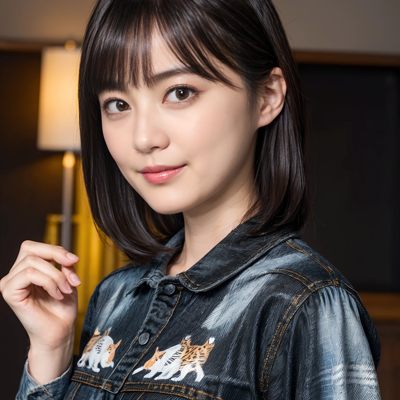 ((1womanl)), (((Black Shorthair))), (masuter piece:1,3)、top-quality、masterpiece、hight resolution、Original、highly detailed wallpaper、jeans、 (A slight smil)、a small face、((Full breasts))、(Graphic T-shirt with animal characters printed)、(Light on Face)、Live-action style, Beautiful facial features, Luxurious large room, cowboy shot
