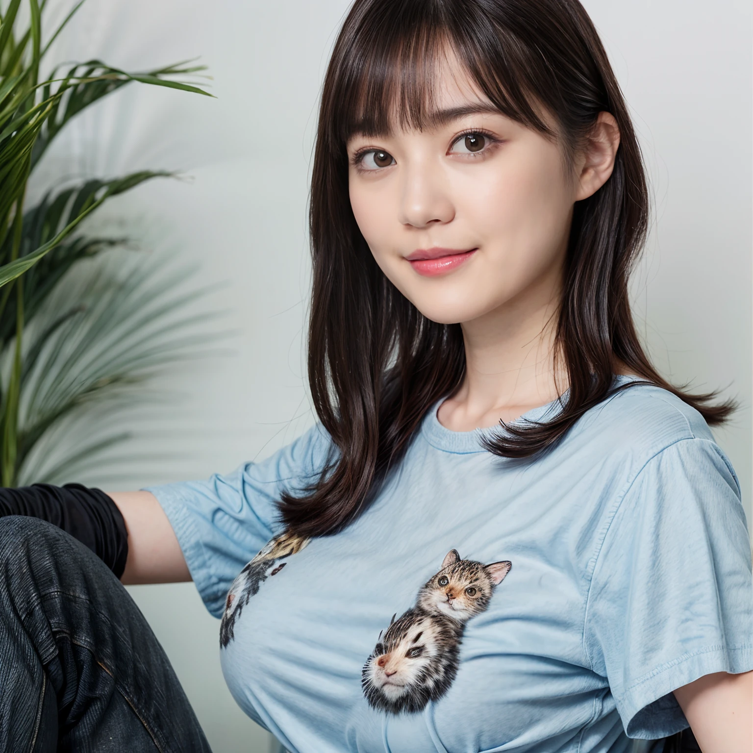 ((1womanl)),  (((Black Shorthair))), （masuter piece：1,3）、top-quality、​masterpiece、hight resolution、Original、highly detailed wallpaper、jeans、 (A slight smil)、a small face、((Full breasts))、(Graphic T-shirt with animal characters printed)、(Light on Face)、Live-action style, Beautiful facial features, Luxurious large room, cowboy  shot