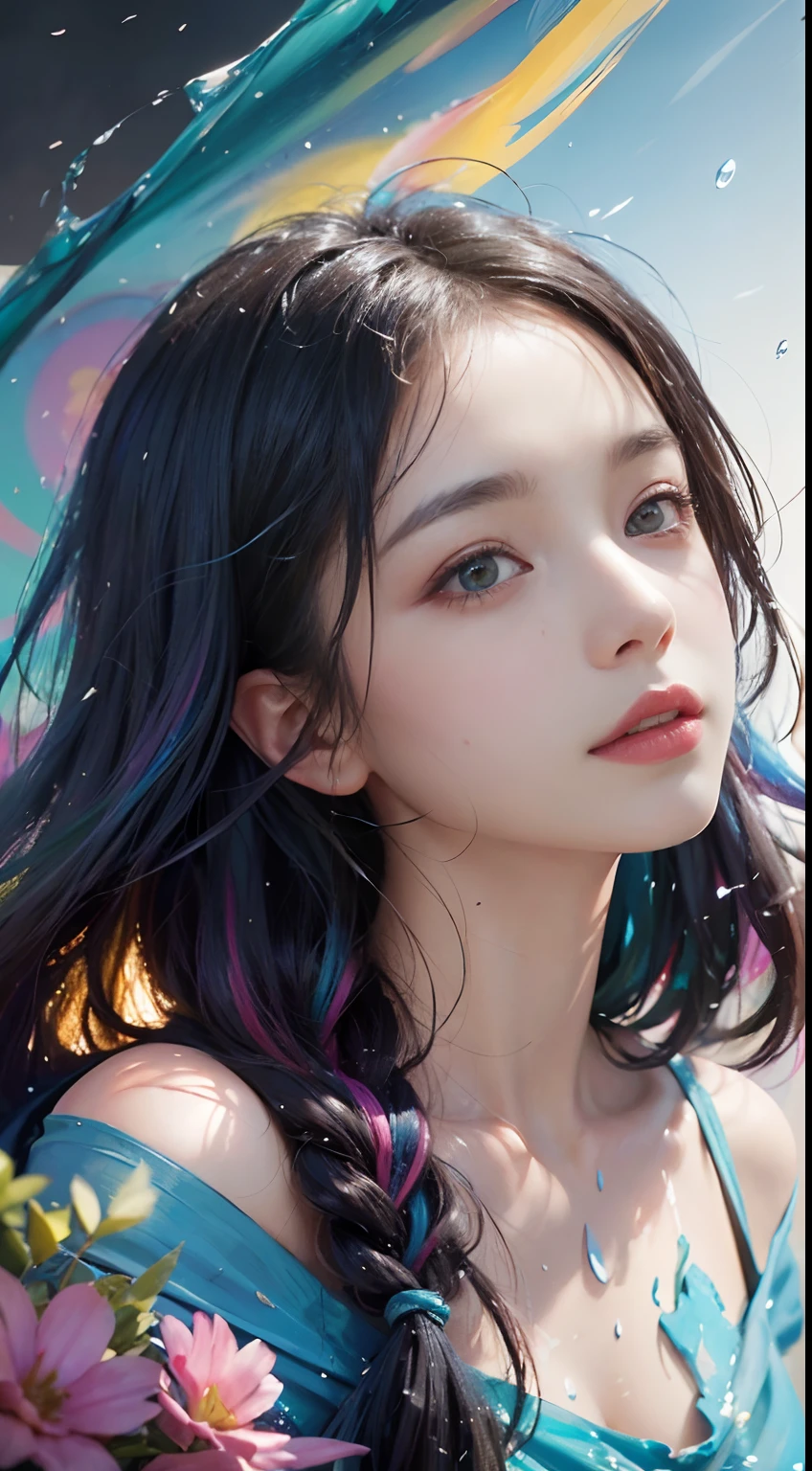 (level difference: 1.8),(Paint colliding and splashing on canvas),(Depth of field),adorable creature,elegant, strong between boho and modern. With many colors and no defined (liquid paint rainbow hair:1.1) Made of paint,anti gravity, Thick flow, (Splashes of paint: 1.3), liquid state, Beautiful, Masterpiece, Detailed background, high quality model, Ethereal background, Abstract beauty, Explosive volume, Oil painting, Heavy brushstrokes, romantic lighting, Sub-surface scattering, Lens 135mm, F1.8, luminance, 8K, high resolution, Dreamy, Ray tracing, hdr, divine rays,