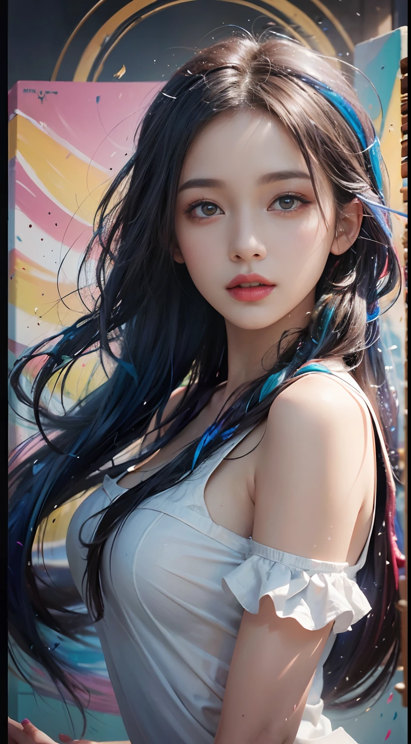 (level difference: 1.8),(Paint colliding and splashing on canvas),(Depth of field),adorable creature,elegant, strong between boho and modern. With many colors and no defined (liquid paint rainbow hair:1.1) Made of paint,anti gravity, Thick flow, (Splashes of paint: 1.3), liquid state, Beautiful, Masterpiece, Detailed background, high quality model, Ethereal background, Abstract beauty, Explosive volume, Oil painting, Heavy brushstrokes, romantic lighting, Sub-surface scattering, Lens 135mm, F1.8, luminance, 8K, high resolution, Dreamy, Ray tracing, hdr, divine rays,