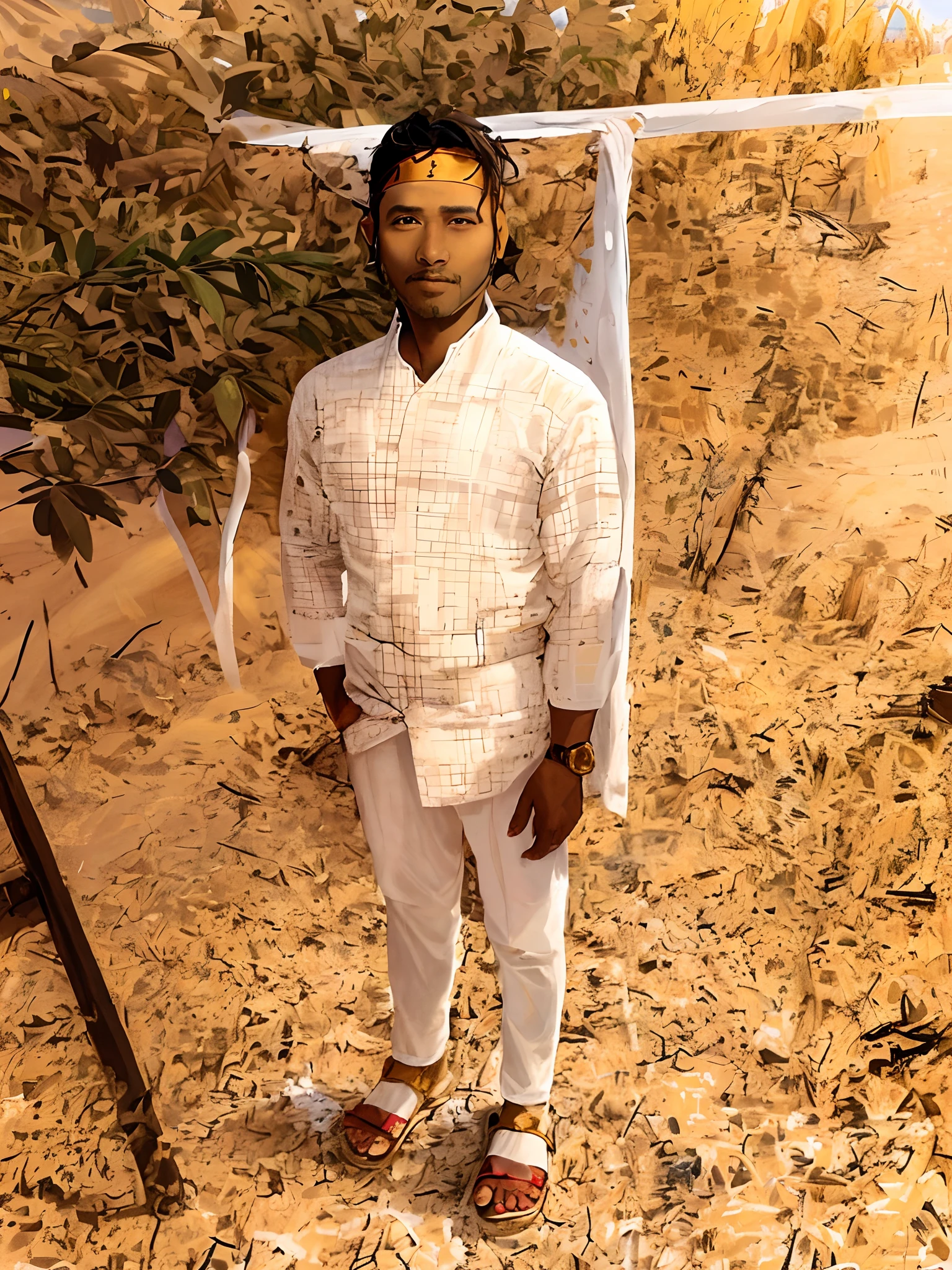 closeup portrait of a man in robes standing on a desert dune, lens flare, sandals, bandana
