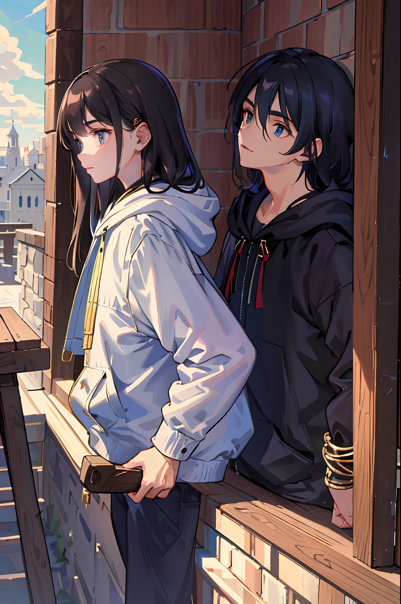 (Masterpiece, Ultra-detailed, fine detailed beautiful eyes: 1.2), 1boys, Building, From the side Side, Earphone, Hood, Hood down, jaqueta com capuz, Hoodie, Jacket, Long hair, profile,独奏, outside,full bodyesbian, Masterpiece, Best quality