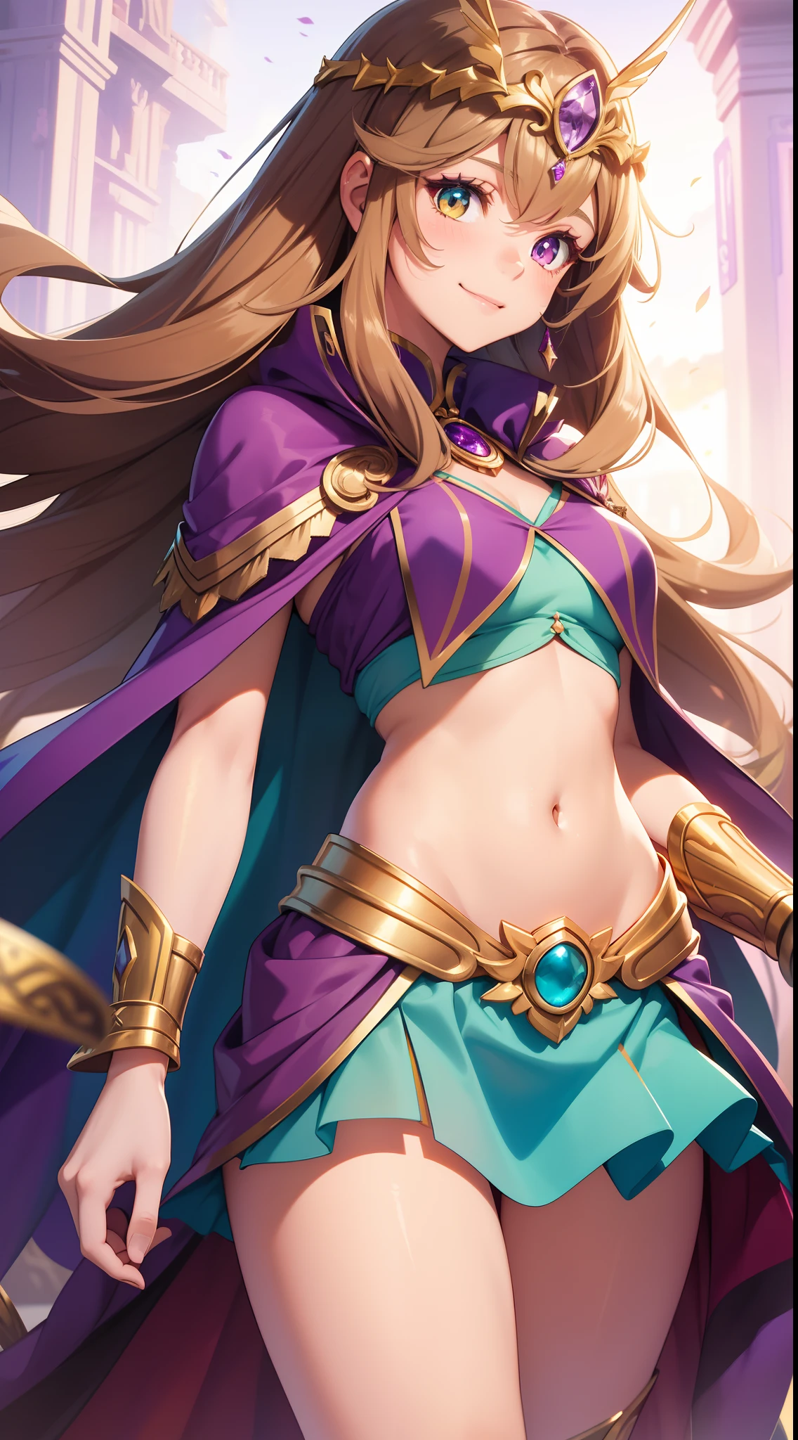 young girl, Long brown hair, Heterochromia, purple and yellow eyes, Smile, purple tight top, Turquoise skirt, open belly, King's Cape, diadem, Gold Elements, She-ra, Masterpiece, hiquality, 4k, HD, Good detail
