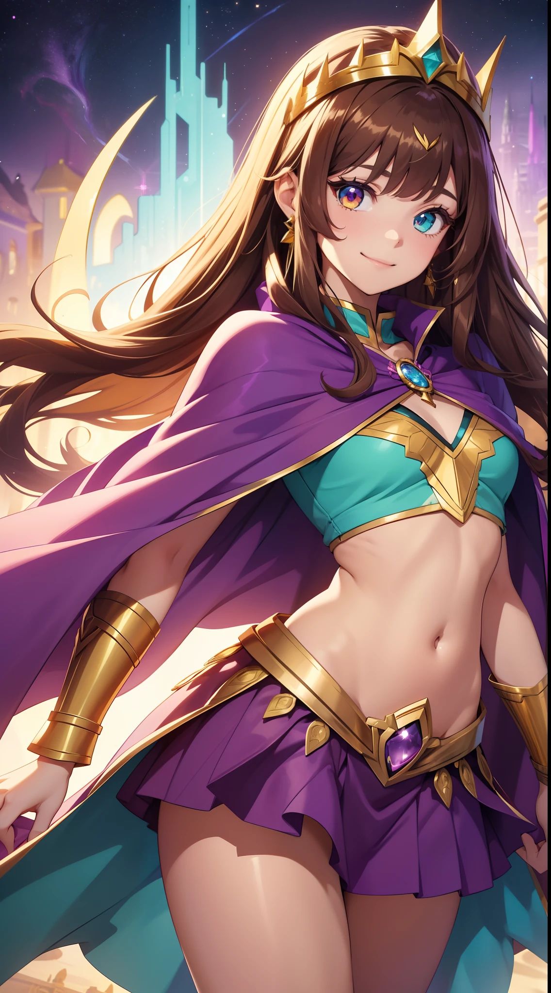 young girl, Long brown hair, Heterochromia, purple and yellow eyes, Smile, purple tight top, Turquoise skirt, open belly, Cape King, diadem, Gold Elements, She-ra, Masterpiece, hiquality, 4k, HD, Good detail