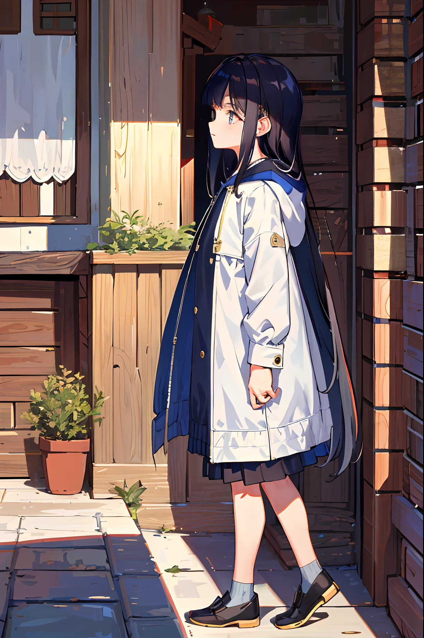 (Masterpiece, Ultra-detailed, fine detailed beautiful eyes: 1.2), 1boys, Building, From the side Side, Earphone, Hood, Hood down, jaqueta com capuz, Hoodie, Jacket, Long hair, profile,独奏, outside,full bodyesbian, Masterpiece, Best quality