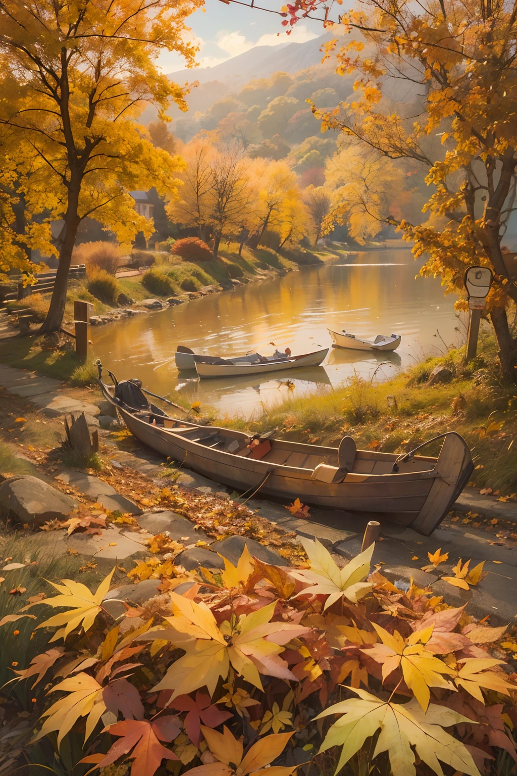 Create captivating autumn depictions, autumnal,eventide,riverbank,Scenic beauty,A place where nature and technology live in harmony,Let this artwork transport the viewer to another world, Old and new intertwined,Form a charming tapestry of nostalgia and innovation.
