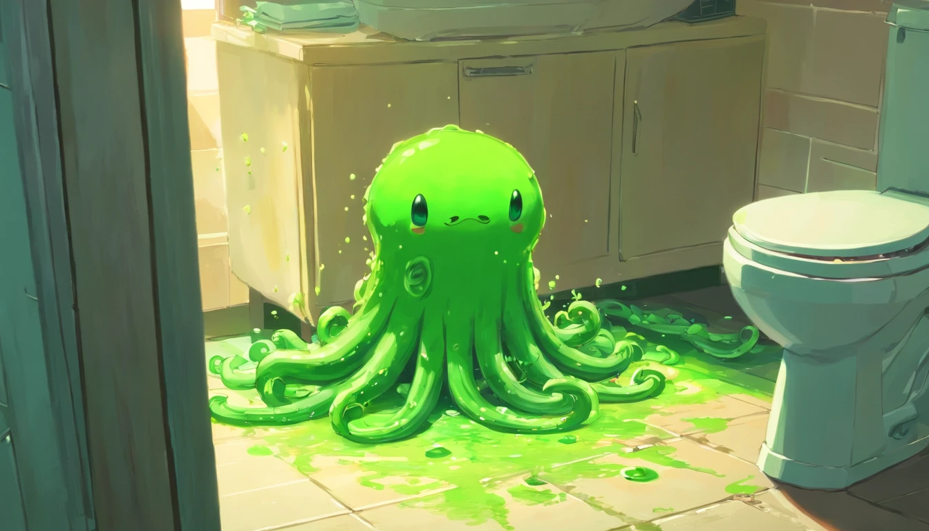 discarded clothes, green slime alien blob with tentacles,invasion of green slime alien blobs popping out of the toilet,background:small school, checkerboard floor,mess,newspapers,(green slime blasts),