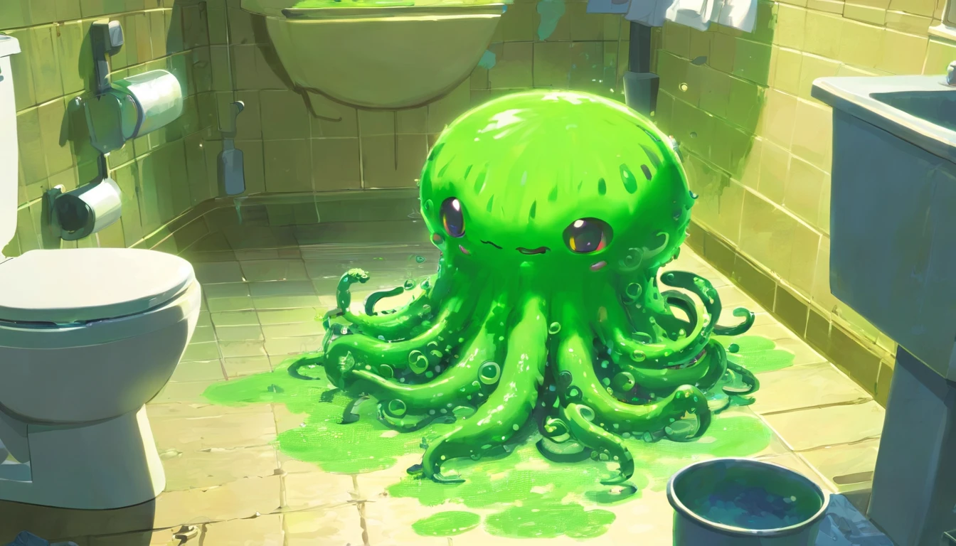 discarded clothes, green slime alien blob with tentacles,invasion of green slime alien blobs popping out of the toilet,background:small school, checkerboard floor,mess,newspapers,(green slime blasts),