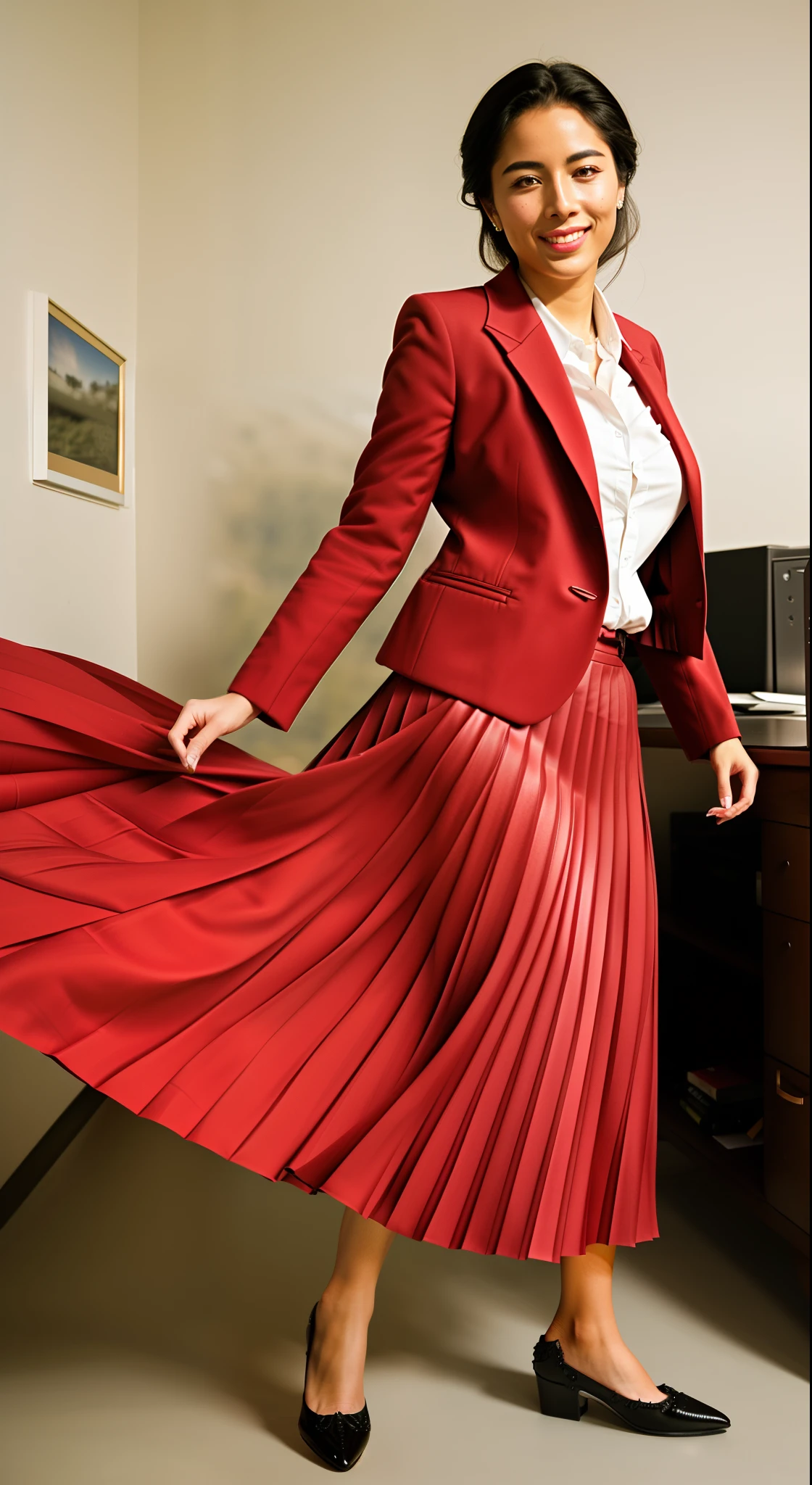 very (seductive:1,9) smiling attractive lesbian woman wearing short blazer and very very detailed (long (fully pleated) full circle skirt) and (simple) low heeled office shoes, very very intricate hyper-detailed symmetric (attractive graceful young feminine face) with (sad, tired eyes and a shy smile), large breasts, full of empathy and compassion and love, (pronounced (feminine) features), (highly detailed ultra accurate realistic) hands and fingers, (windy conditions and wind blowing), epic composition, highly detailed attributes, highly detailed atmosphere, (35mm f1.4 Kodak portra 400 photograph), extremely high quality RAW photograph,