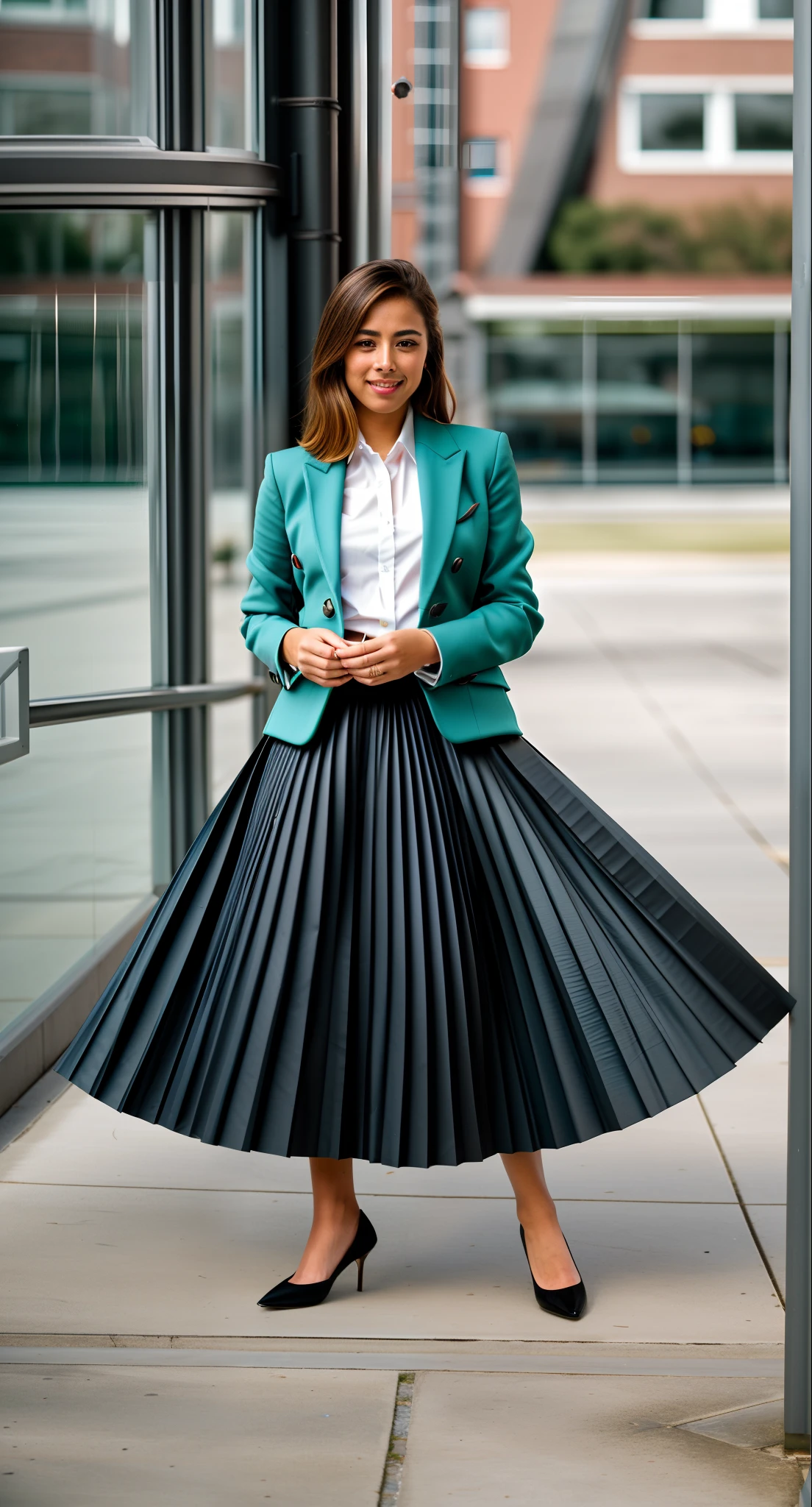 very (seductive:1,9) smiling attractive lesbian woman wearing short blazer and very very detailed (long (fully pleated) full circle skirt) and (simple) low heeled office shoes, very very intricate hyper-detailed symmetric (attractive graceful young feminine face) with (sad, tired eyes and a shy smile), large breasts, full of empathy and compassion and love, (pronounced (feminine) features), (highly detailed ultra accurate realistic) hands and fingers, (windy conditions and wind blowing), epic composition, highly detailed attributes, highly detailed atmosphere, (35mm f1.4 Kodak portra 400 photograph), extremely high quality RAW photograph,