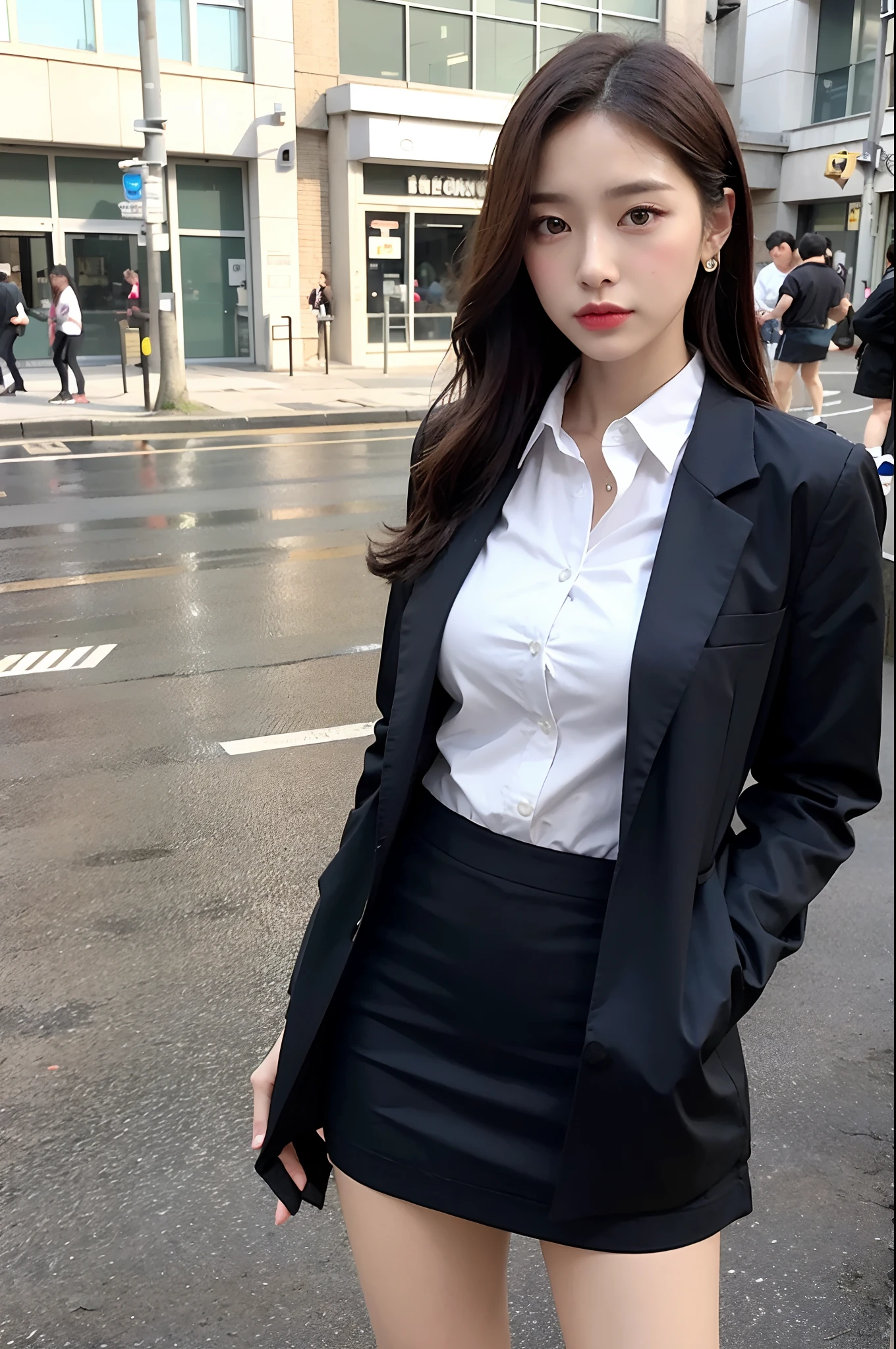 (Best Quality, 4K, Masterpiece: 1.3), Pretty Woman, 1girl, (Breasts, Charming Body: 1.2), Abs: 1.1, Dark Brown Hair: 1.1, (Rain Wet, Rain Wet: 1.2), (Wet Clothes: 1.4), Ultra- Detail Face, Detail Lips, Detail Eyes, Double Eyelids, Close-up of a Woman in a Skirt and Shirt, Japanese Model, Quarter-Shot Shot, On the Street