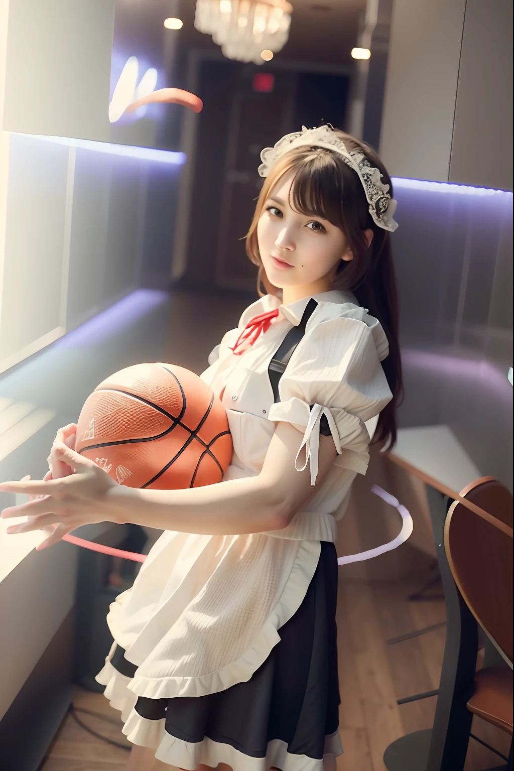 Arad woman in maid costume holding a basketball on the court, wearing maid uniform, cosplay of a catboy! maid! dress, gorgeous maid, anime girl in a maid costume, maid costume, Maid outfit, Maid dress, maid, japanese maid cafe, french maid, Anime girl cosplay, personal profile picture, sakimichan, , wenfei ye