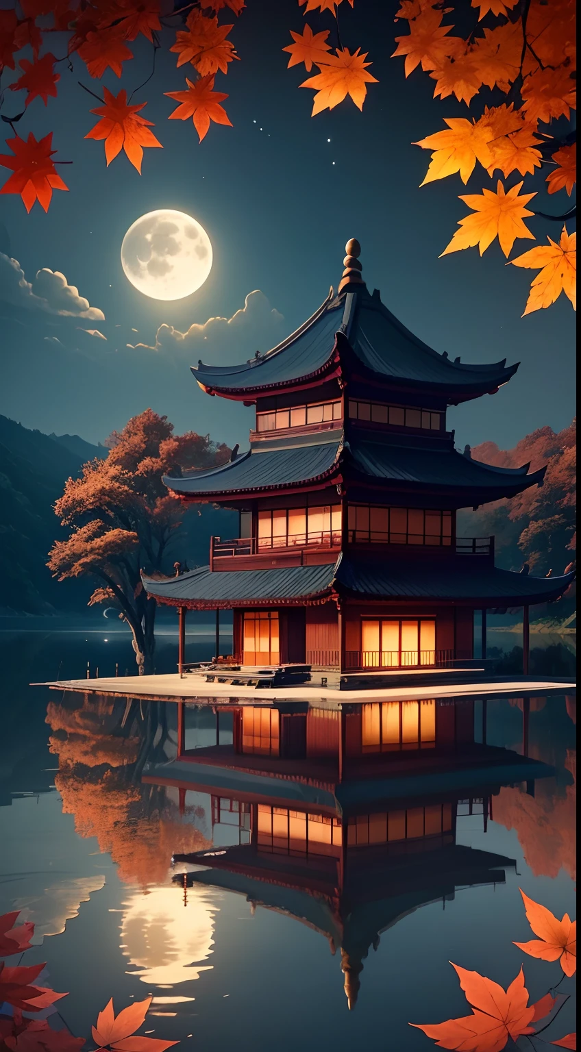 The moon hangs high in the sky,There is a Chinese-style loft under the sky on the lake,The lake has a reflection bridge and an attic,Maple leaves flutter in the wind,Falls on the lake,Most of the picture is the sky,Orange tones