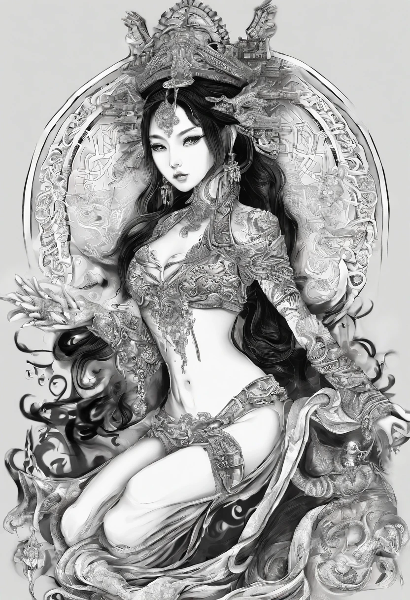 offcial art,,Solo,统一 8k 壁纸,ultra - detailed,Beauty and aesthetics,tmasterpiece,best qualtiy,(zentangle,Tangled,entangle),(s fractal art:1.4),1girll,Black color hair,chineseidol,cropped shoulders,Short skirts,small thighs,Belly button,The is very detailed,dynamic angle,cow boy shot,(Chaos in its most beautiful form),flowy,(Bright color),overclocking,(Half-body:1.2),Chinese big breasts,(thangka flying sky:1.5),(Ribbons:1.3),(Dreamlike:1.5),(Hanfu:1.5),chinesedragon,Chinese Phoenix,(Smile with:0.5 ),(Chinese deities),