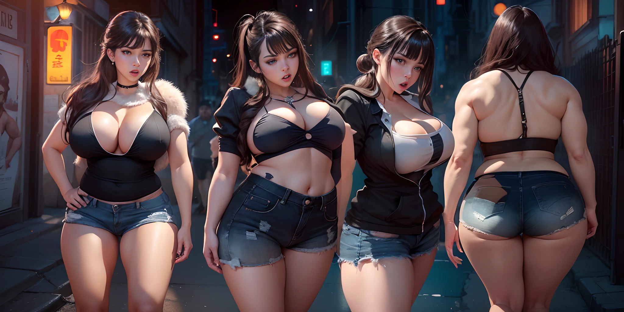 1girl, milf, long twintail dark hair with side bangs love lock, orgasmic climax face, mouth parted open slightly, brown eyes, huge natural breasts, thick, wide breedable hips, (thick toned thighs), curvy milfy body, poses arms behind head spreading legs, wearing low-cut skimpy bikini, denim hot very short pants, bushy pubic hair beneath hot pants)), stylish high-heels, arms behind head:1.2, shady dark alley at night:1.2, natural night light (artificial lightings), absurdres, high res, ultrasharp, 8K, masterpiece, expressive eyes, perfect face, (((surrounded by fat+males gropping her all over her body:1.2)))