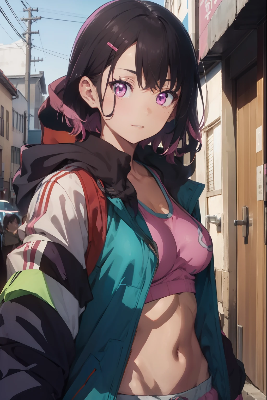 shizukamikazuki, shizuka mikazuki, short hair, purple hair, hair ornament, hairclip, (pink eyes:1.5), swept bangs, (small breast:1.2),
BREAK navel, cleavage, jacket, open clothes, midriff, hood, open jacket, blue jacket, hooded jacket, sports bra, hood down,
BREAK looking at viewer,
BREAK outdoors,
BREAK (masterpiece:1.2), best quality, high resolution, unity 8k wallpaper, (illustration:0.8), (beautiful detailed eyes:1.6), extremely detailed face, perfect lighting, extremely detailed CG, (perfect hands, perfect anatomy),