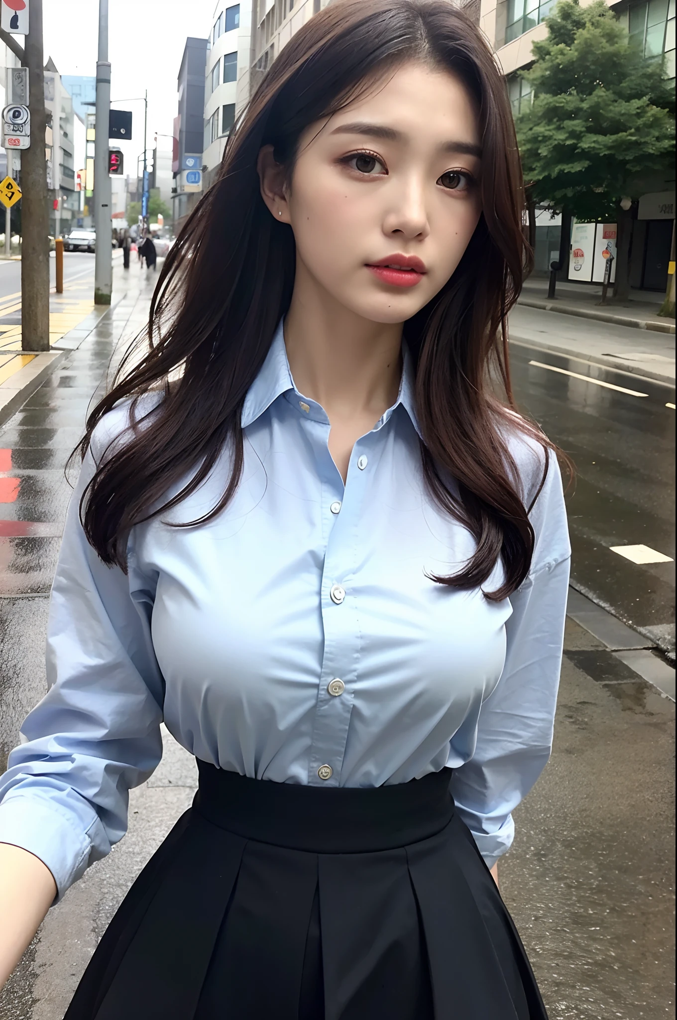 (Best Quality, 4K, Masterpiece: 1.3), Pretty Woman, 1girl, (Breasts, Charming Body: 1.2), Abs: 1.1, Dark Brown Hair: 1.1, (Rain Wet, Rain Wet: 1.2), (Wet Clothes: 1.4), Ultra- Detail Face, Detail Lips, Detail Eyes, Double Eyelids, Close-up of a Woman in a Skirt and Shirt, Japanese Model, Quarter-Shot Shot, On the Street