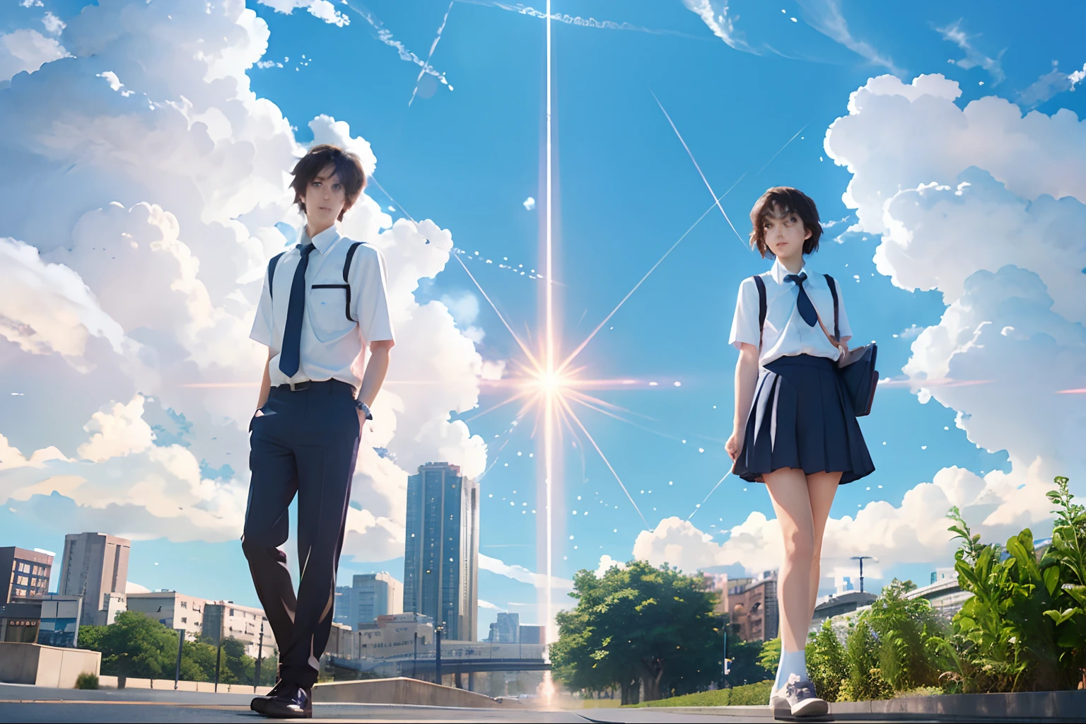 Boy and Girl standing in city background, your name, makoto shinkai art style, hyperrealistic, blue sky, cloud, school uniform