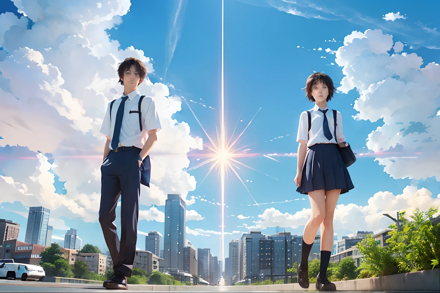 Boy and Girl standing in city background, your name, makoto shinkai art style, hyperrealistic, blue sky, cloud, school uniform