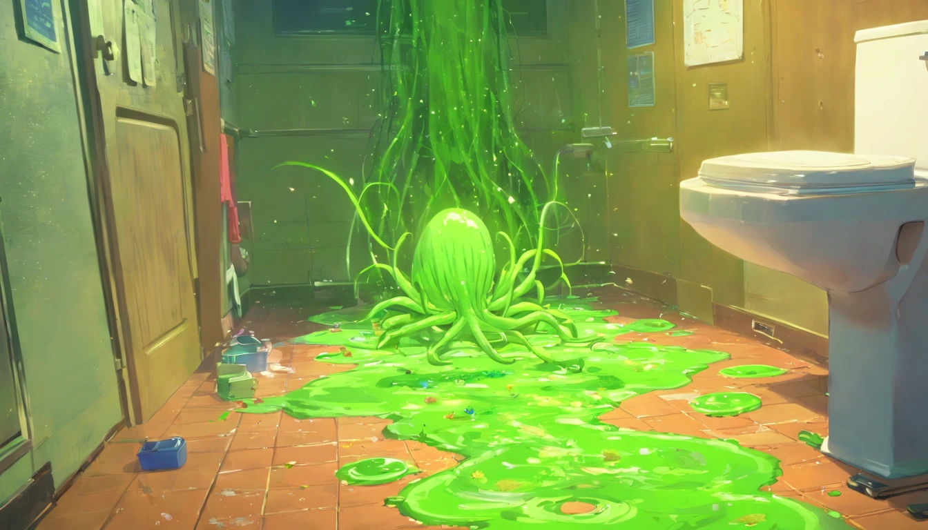 discarded clothes on floor, green slime alien blobs with tentacles,invasion of green slime alien blobs popping out of the toilet,background:small school, checkerboard floor,mess,newspapers,(green slime blasts),
