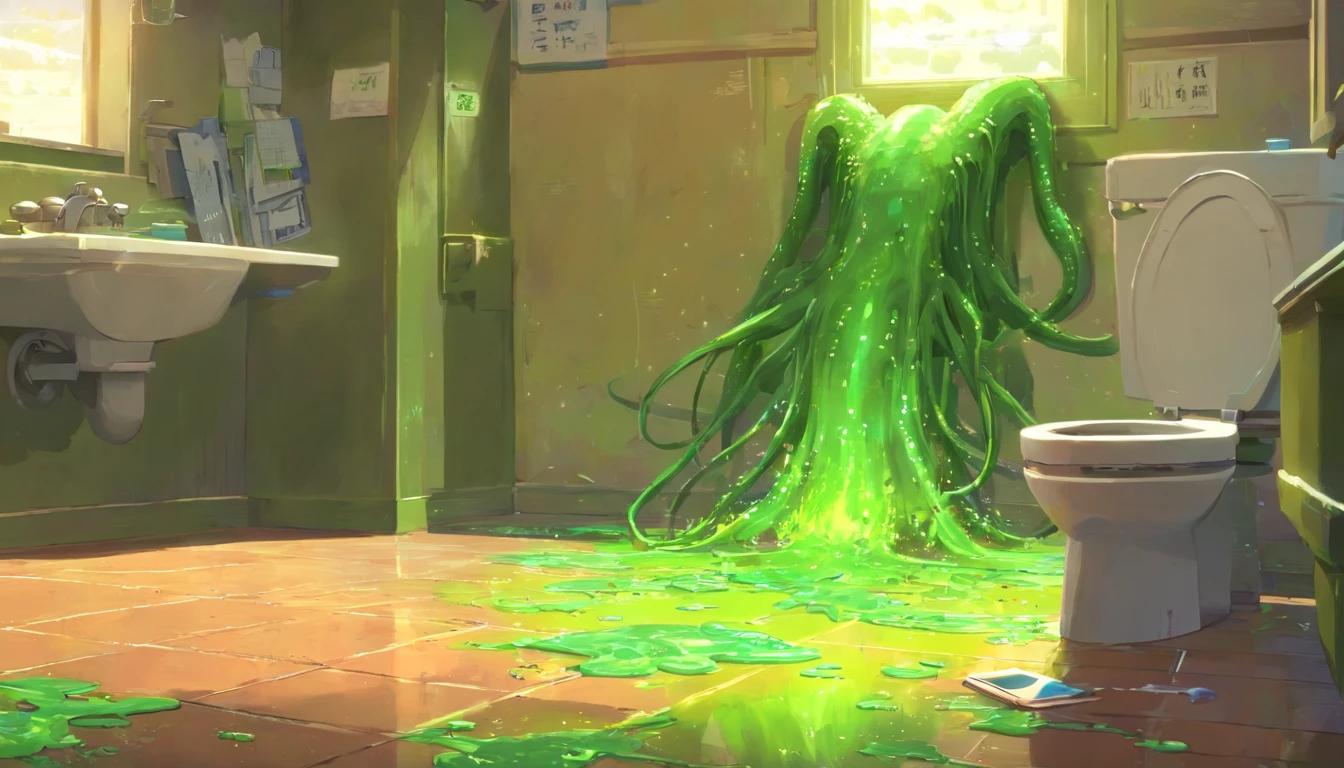 discarded clothes on floor, green slime alien blobs with tentacles,invasion of green slime alien blobs popping out of the toilet,background:small school, checkerboard floor,mess,newspapers,(green slime blasts),