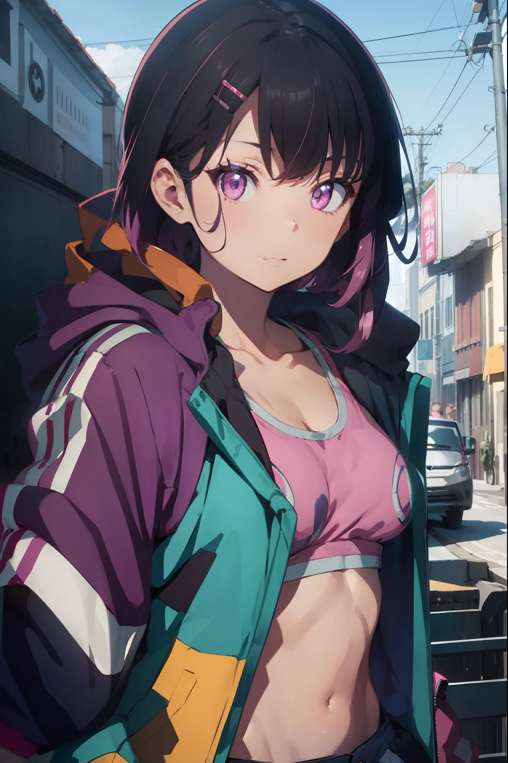 shizukamikazuki, shizuka mikazuki, short hair, purple hair, hair ornament, hairclip, (pink eyes:1.5), swept bangs,
BREAK navel, cleavage, jacket, open clothes, midriff, hood, open jacket, blue jacket, hooded jacket, sports bra, hood down,
BREAK looking at viewer,
BREAK outdoors,
BREAK (masterpiece:1.2), best quality, high resolution, unity 8k wallpaper, (illustration:0.8), (beautiful detailed eyes:1.6), extremely detailed face, perfect lighting, extremely detailed CG, (perfect hands, perfect anatomy),