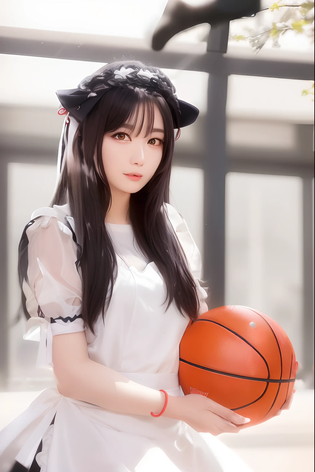 Allafard Asian woman holding a basketball in a maid outfit, ulzzangs, tzuyu from twice, chiho, sakimichan, cosplay of a catboy! maid! dress, Li Zixin, dilraba dilmurat, wenfei ye, xintong chen, Official, Anime girl cosplay, Marin Kitagawa fanart