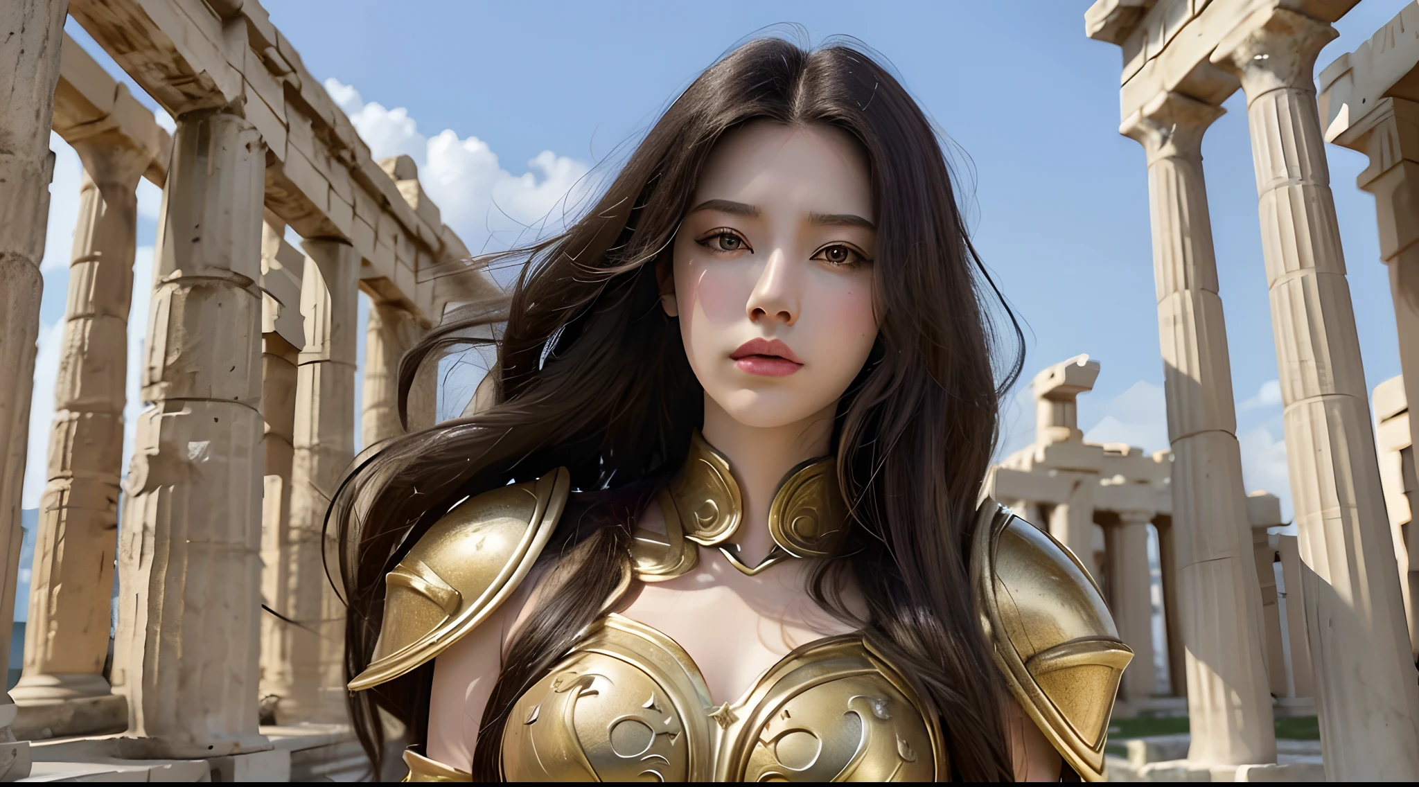 tmasterpiece，top-quality，best qualityer，((photorealestic：1.9))，（femele：1.4），（Large breasts），warrioress，Heavy armor，The background is a Greek temple，dramatics，（magia：1.8），Mysterious symbol，half-body portrait