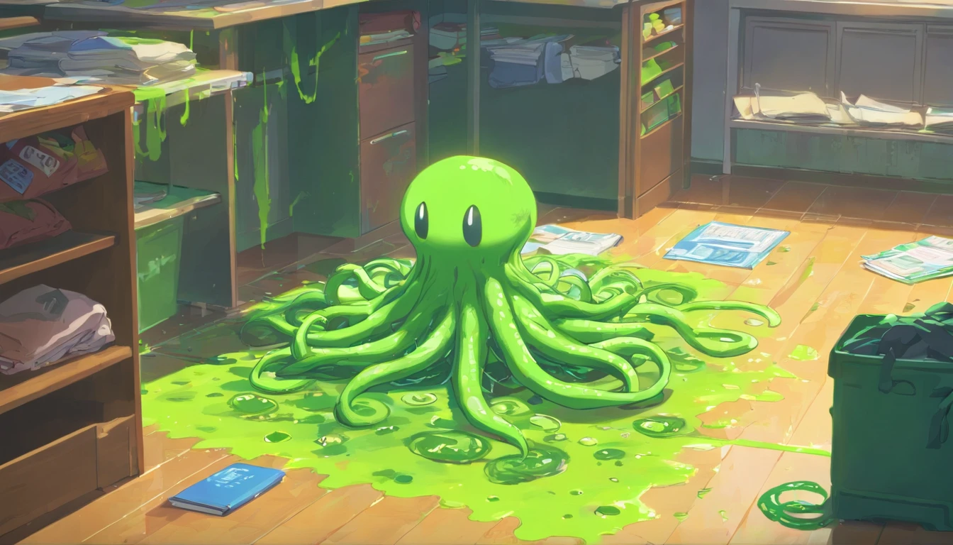 discarded clothes on floor, green slime alien blobs with tentacles, background:small school, checkerboard floor,mess,newspapers,(green slime blasts),
