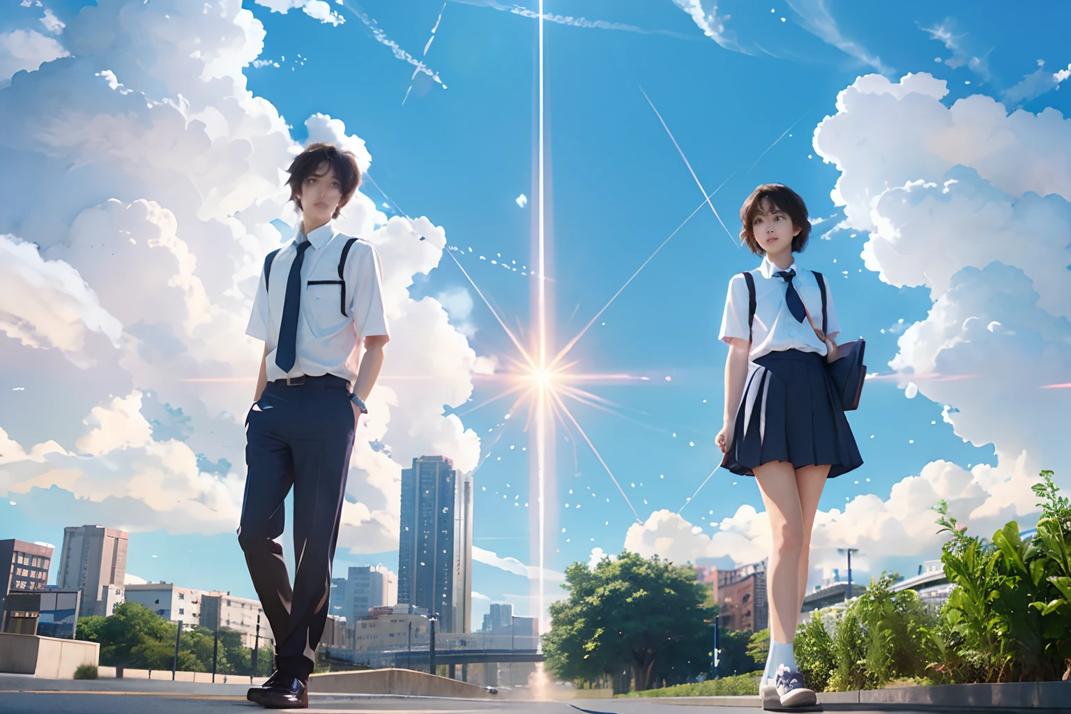 Boy and Girl standing in city background, your name, makoto shinkai art style, hyperrealistic, blue sky, cloud, school uniform