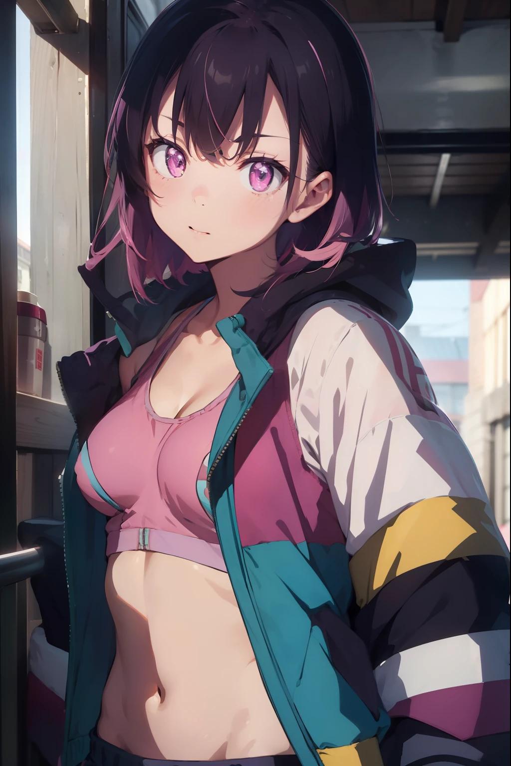 shizukamikazuki, shizuka mikazuki, short hair, purple hair, hair ornament, hairclip, (pink eyes:1.5), swept bangs, (small breast:1.2),
BREAK navel, cleavage, jacket, open clothes, midriff, hood, open jacket, blue jacket, hooded jacket, sports bra, hood down,
BREAK looking at viewer,
BREAK outdoors,
BREAK (masterpiece:1.2), best quality, high resolution, unity 8k wallpaper, (illustration:0.8), (beautiful detailed eyes:1.6), extremely detailed face, perfect lighting, extremely detailed CG, (perfect hands, perfect anatomy),