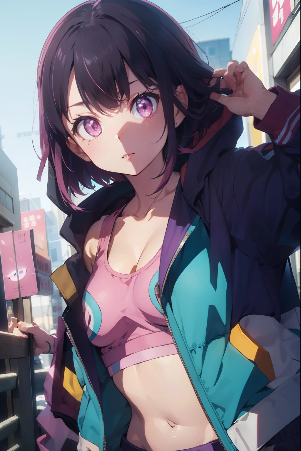 shizukamikazuki, shizuka mikazuki, short hair, purple hair, hair ornament, hairclip, (pink eyes:1.5), swept bangs, (small breast:1.2),
BREAK navel, cleavage, jacket, open clothes, midriff, hood, open jacket, blue jacket, hooded jacket, sports bra, hood down,
BREAK looking at viewer,
BREAK outdoors,
BREAK (masterpiece:1.2), best quality, high resolution, unity 8k wallpaper, (illustration:0.8), (beautiful detailed eyes:1.6), extremely detailed face, perfect lighting, extremely detailed CG, (perfect hands, perfect anatomy),