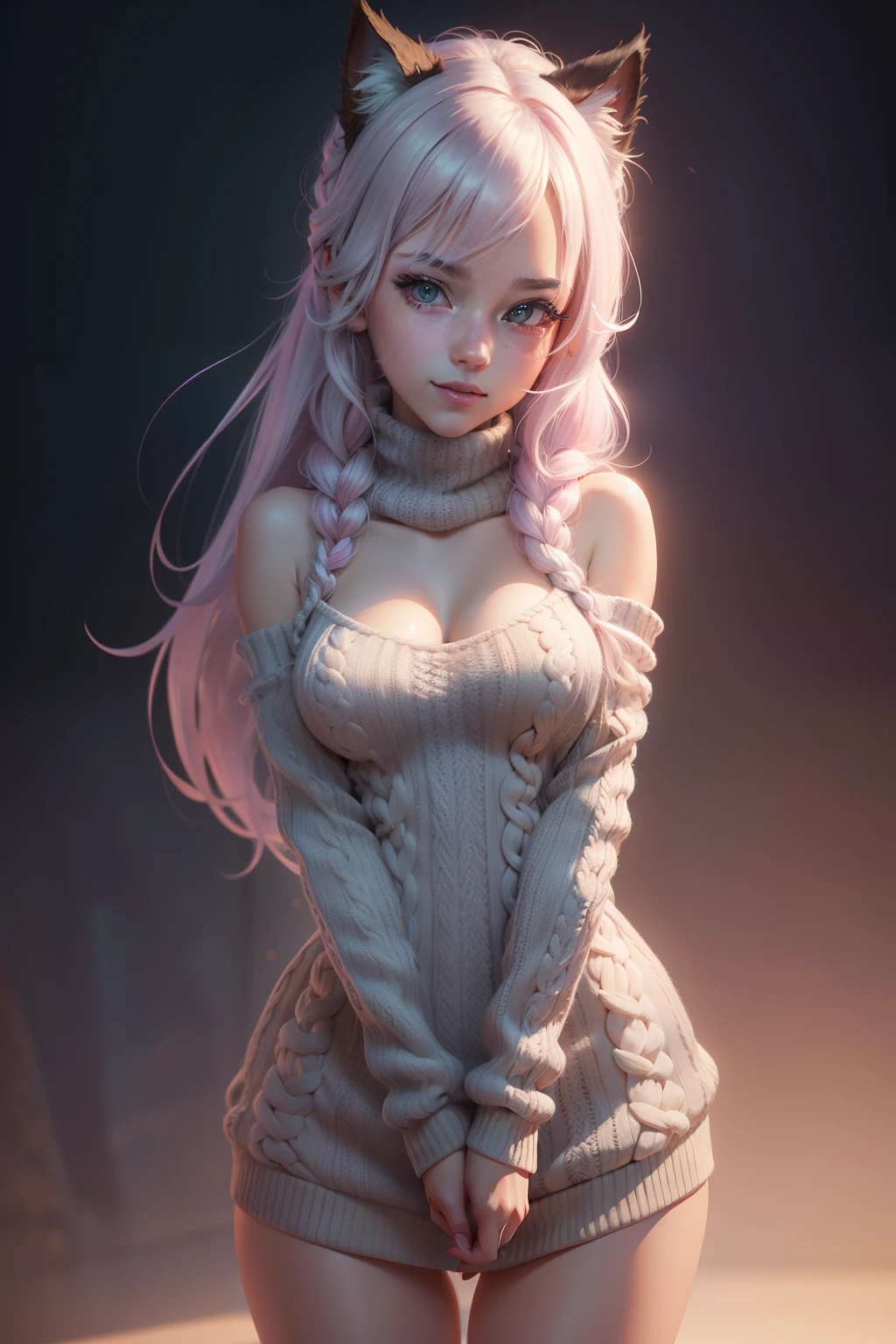 Virgin killer sweater, ,pastel color, kawaii, cute colors ,scifi, pink, scholar , scroll, 1girl ,long hair, pale skin,white hair, glowing eyes, smile, cat ears, pastel colors, kawaii, cute colors, scifi, dynamic action pose, Full body portrait, (masterpiece, best quality:1.4), (realistic, photorealistic:1.2), 4k, (ultra realistic), extremely detailed CG unity 4k wallpaper, (fantasy, anime), high definition, high detail, ultra detailed, finely detailed texture, perfect lighting, high quality shadow, (high resolution), detailed background, depth of field, beautiful face, a face of perfect proportion,, , virgin killer sweater