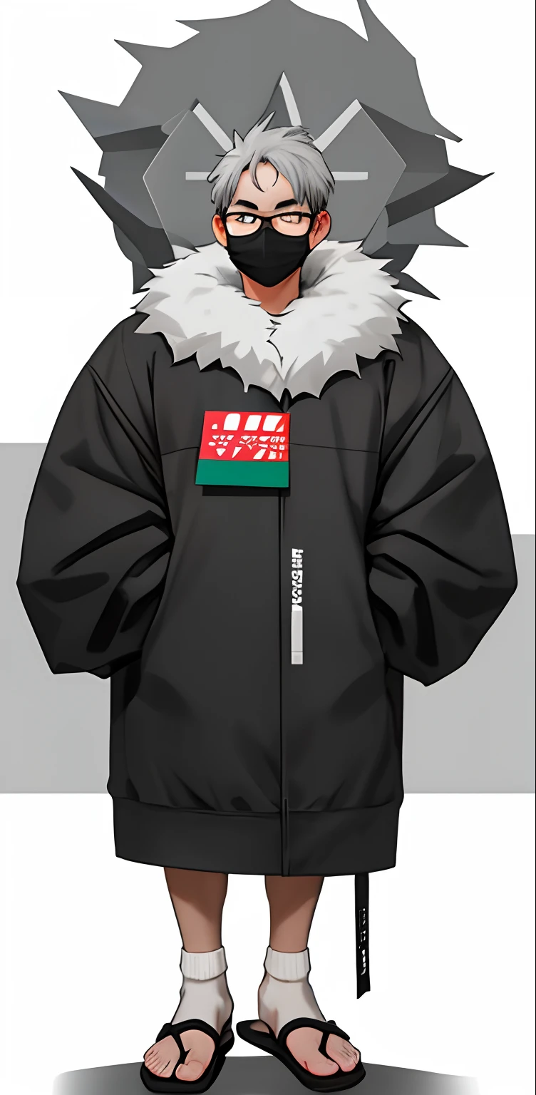 young asian man with white grey hair, fluffy and furry fur coat big enough to cover whole body, dark grey rimmed glasses, face mask, white socks with black flip flop sandals, standing position