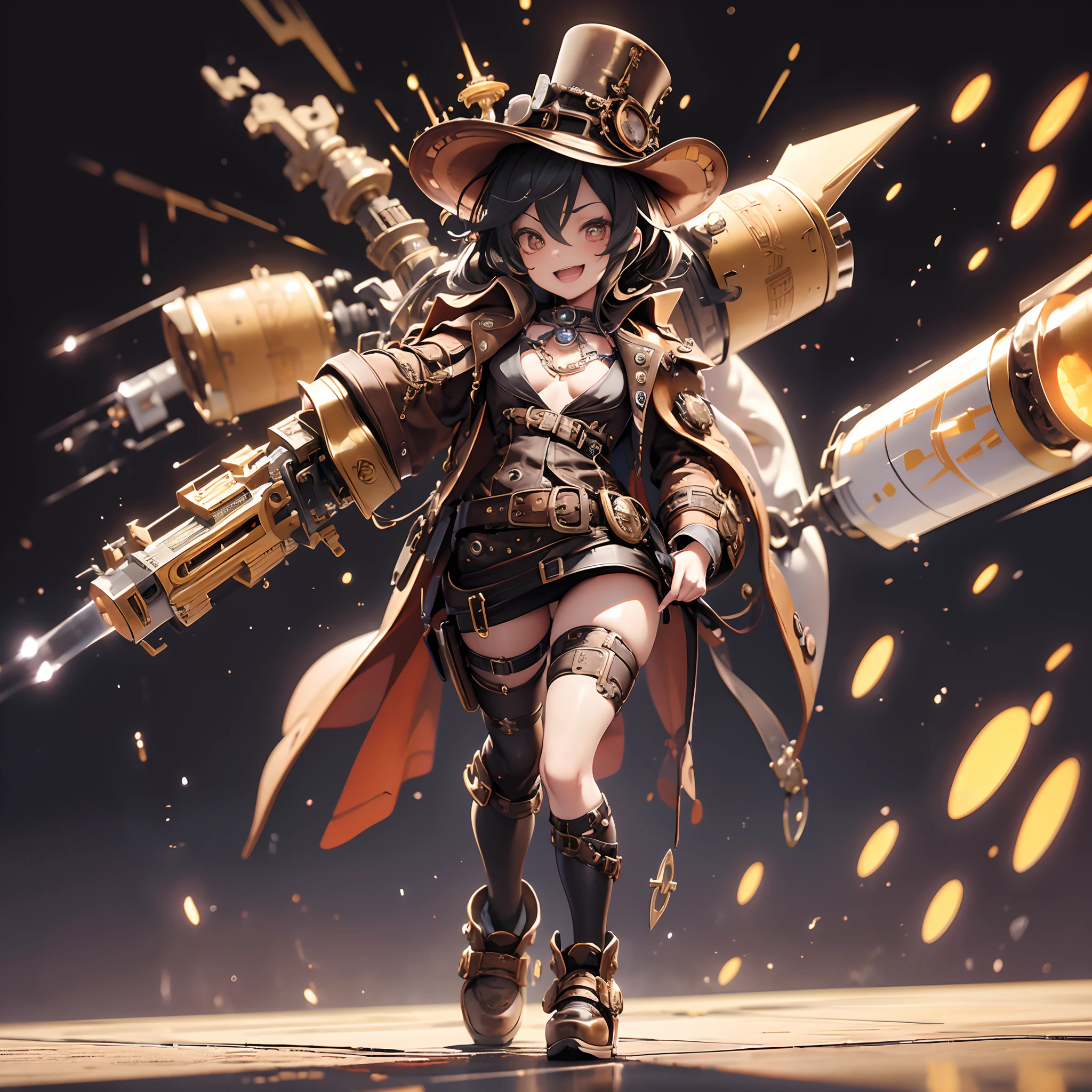 (((Steampunk ,Evil sensual smile,Carried a rocket on his back))), fullllbody,without background,1 Young Women, Huge chest of drawers, Steampunk clothes, steampunk hat,Carried a rocket on his back,striated hair, A dark-haired, eye reflections, makeup, open open mouth, smil, high detal, Gothic art, barroco, motion-blur, Ray traching, reflective light, multiple views, Perspective, ultra wide-angle, masterpiece, Anatomically correct, Textured Leather, Super Detail, High Details, hightquality, Better Quality