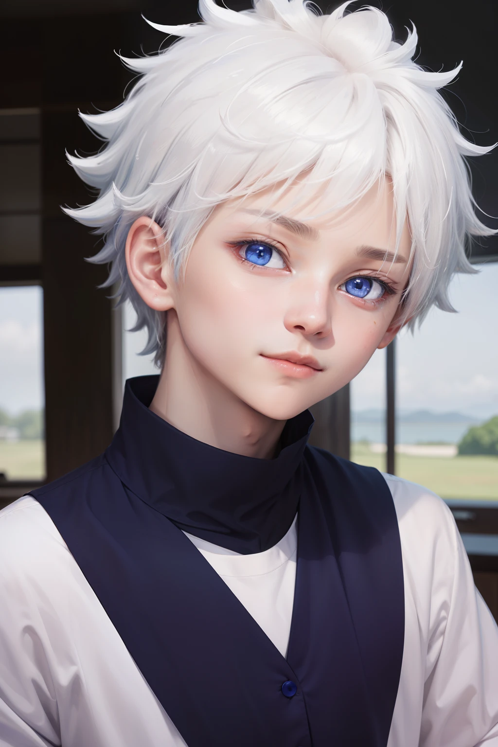 masterpiece, best quality, high quality, 1boy, solo, male focus, looking at viewer, upper body, killua_zoldyck, White hair, Glow blue eyes,Slight smile,