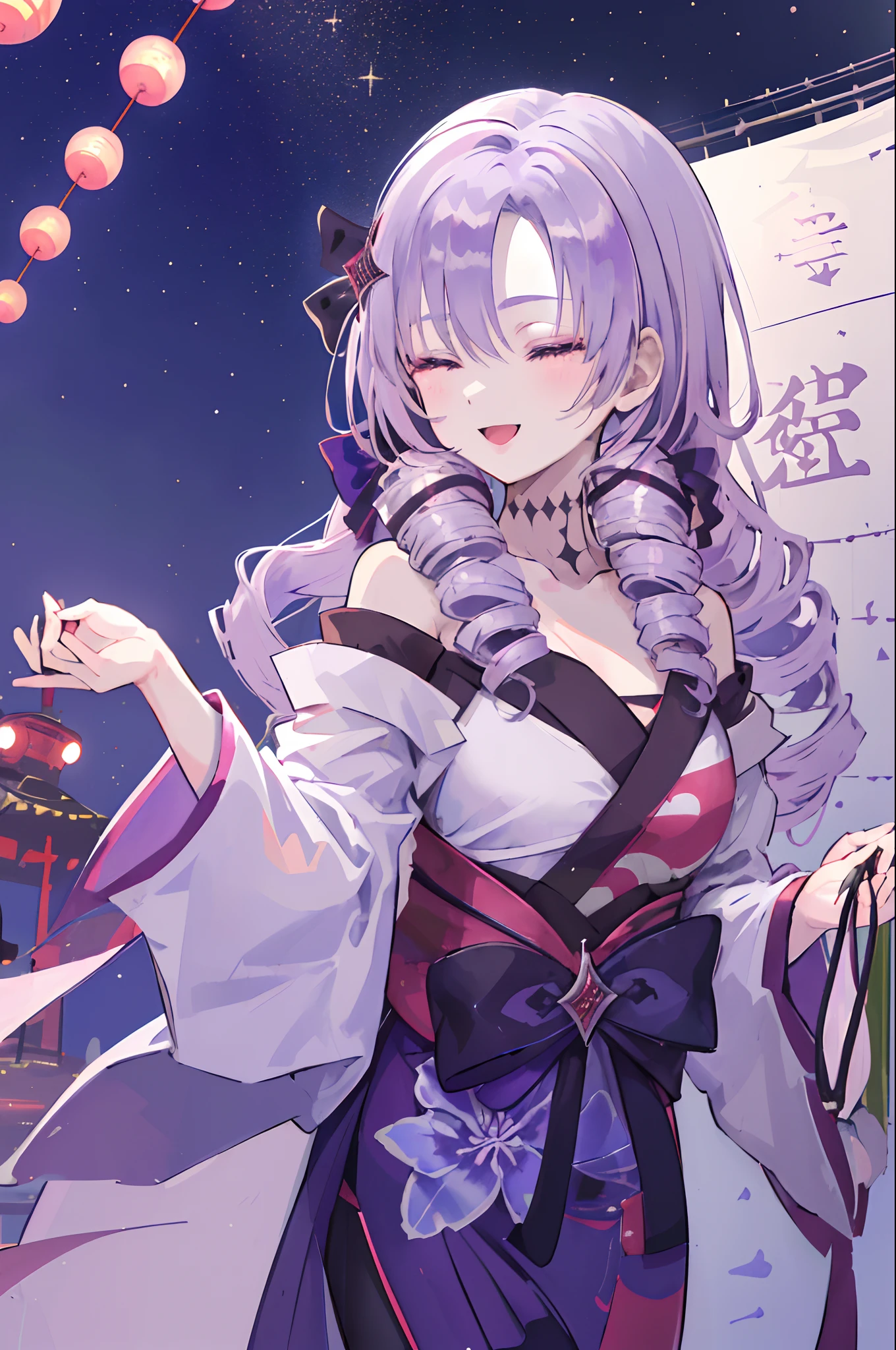 1 girl in、((Ichihyakuman Tengen Salome:1.3))、floral Yukata、Summer Festivals、light purple hair、Drill Hair、((Turning around))、Looking at the camera、navy blue yukata、Smile with open mouth、closed eyes smile、sparklers、Festival stalls、(High resolution of the highest quality)、((masterpiece best quality:1.2)), [[Bad face]], [[Multiple fingers]], [[[multiple limbs]]]