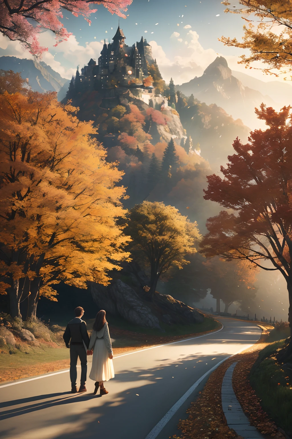 Masterpiece, Best quality, High quality, Extremely detailed Cg Unity 8K wallpaper,landscape with texture ,Beautiful view of autumn，maple trees，hillside，rios，A pair of young lovers walk on the road holding hands，Very romantic，award winning photography, Bokeh, Depth of field, hdr, full bloom, color difference ,Photorealistic,Extremely detailed, trending on artstationh, trending on CGSociety, Intricate, High detail, Dramatic, art by midjourney