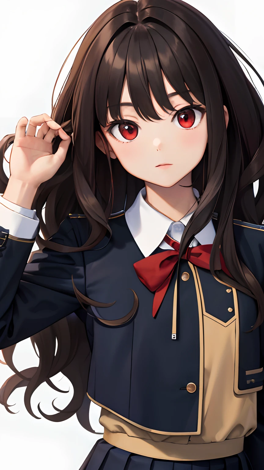 (masterpiece, best quality:1.2), looking at viewer, school uniform, (wavy hair:0.8), long hair, red eyes, upper body,