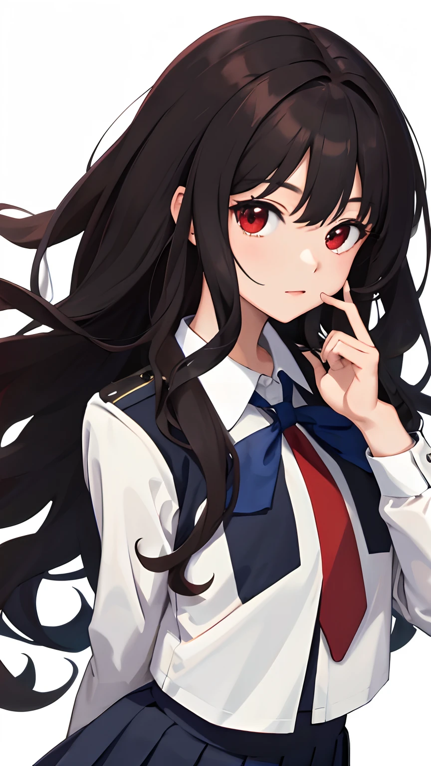 (masterpiece, best quality:1.2), looking at viewer, school uniform, (wavy hair:0.8), long hair, red eyes, upper body,