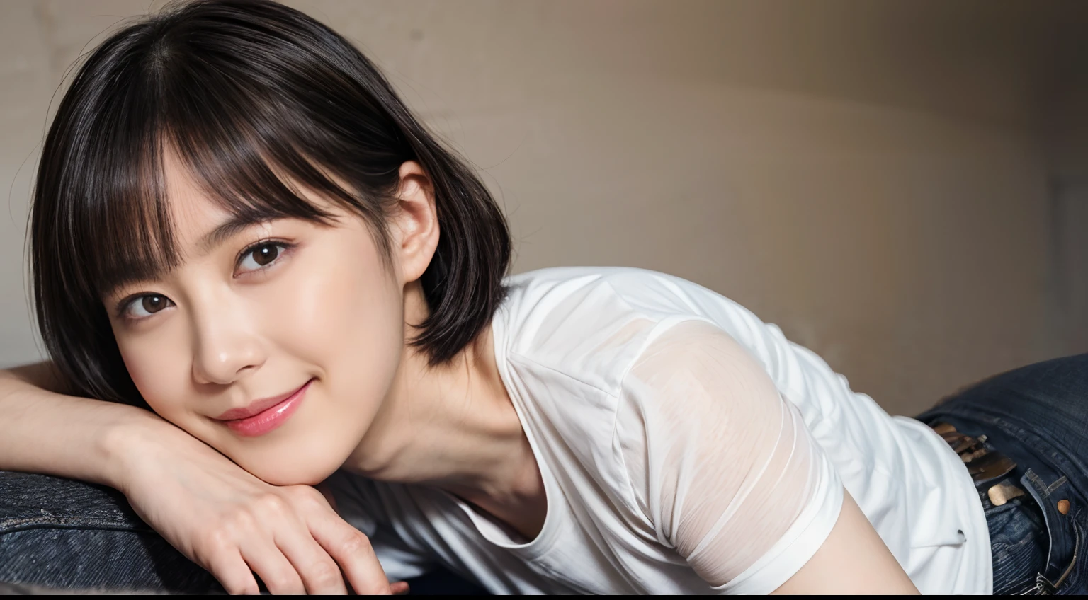 ((1womanl)), (((Black Shorthair))), (masuter piece:1,3)、top-quality、masterpiece、hight resolution、Original、highly detailed wallpaper、jeans、 (A slight smil)、a small face、((Full breasts))、(Graphic T-shirt with animal characters printed)、(Light on Face)、Live-action style, Beautiful facial features, Luxurious large room, cowboy shot