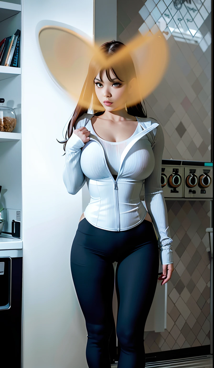There was a woman in the kitchen,, skinny waist and thick hips, tight costume, wearing tight simple clothes, she has a jiggly fat round belly, tight attire, smooth white tight clothes suit, fit pic, Wide hips, Thick, Thick body, middle shot waist up, wearing tight shirt, middle body shot