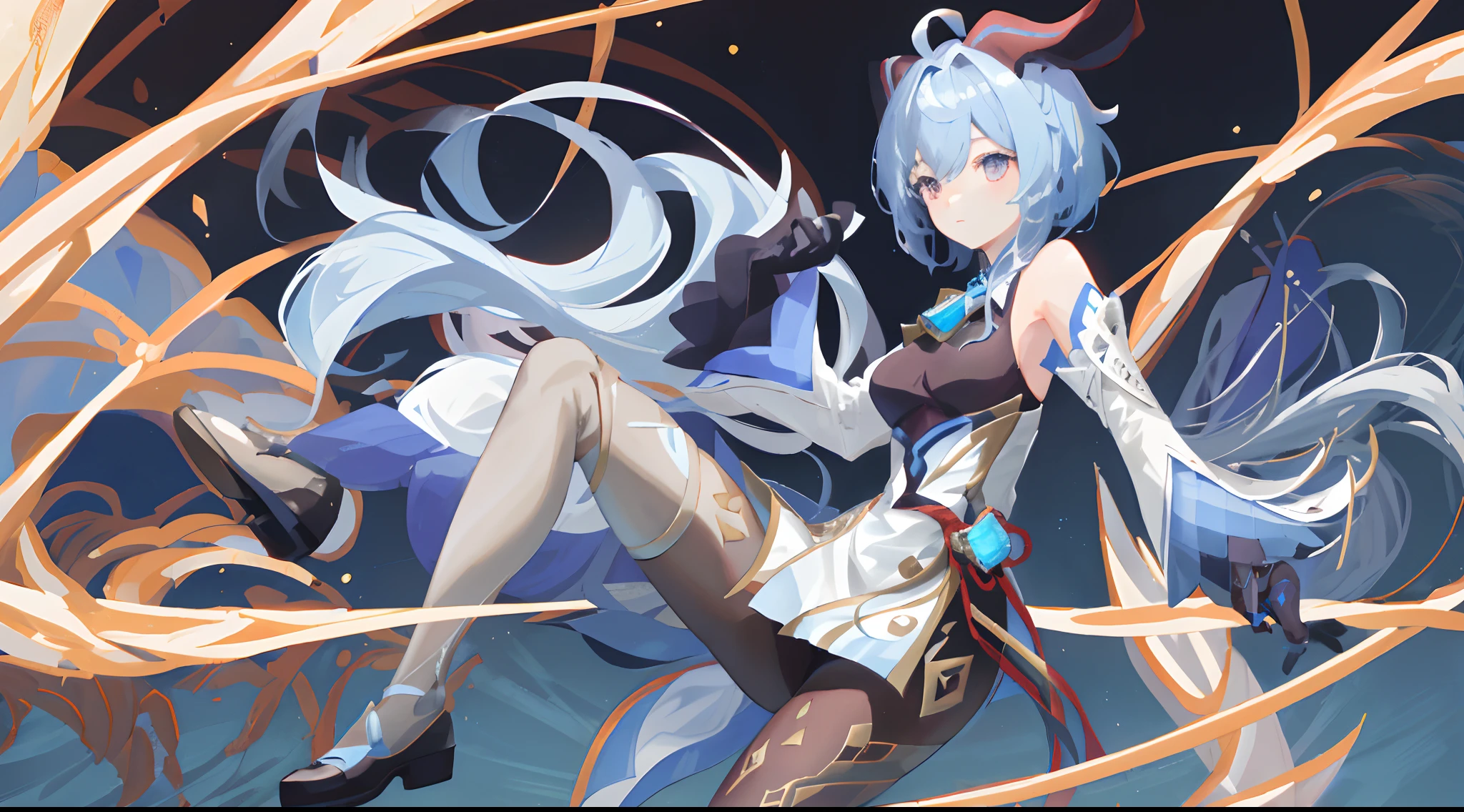 (Best quality,4k wallpaper,Masterpiece:1.2), author:Youde, Blushing, Daytime, Simple background, Blue sky, Short hair, Unpredictable lighting, Light blue hair, Light particles, Blue Themes, Curvy figure, Expressionless face, Smooth thighs Promotional poster