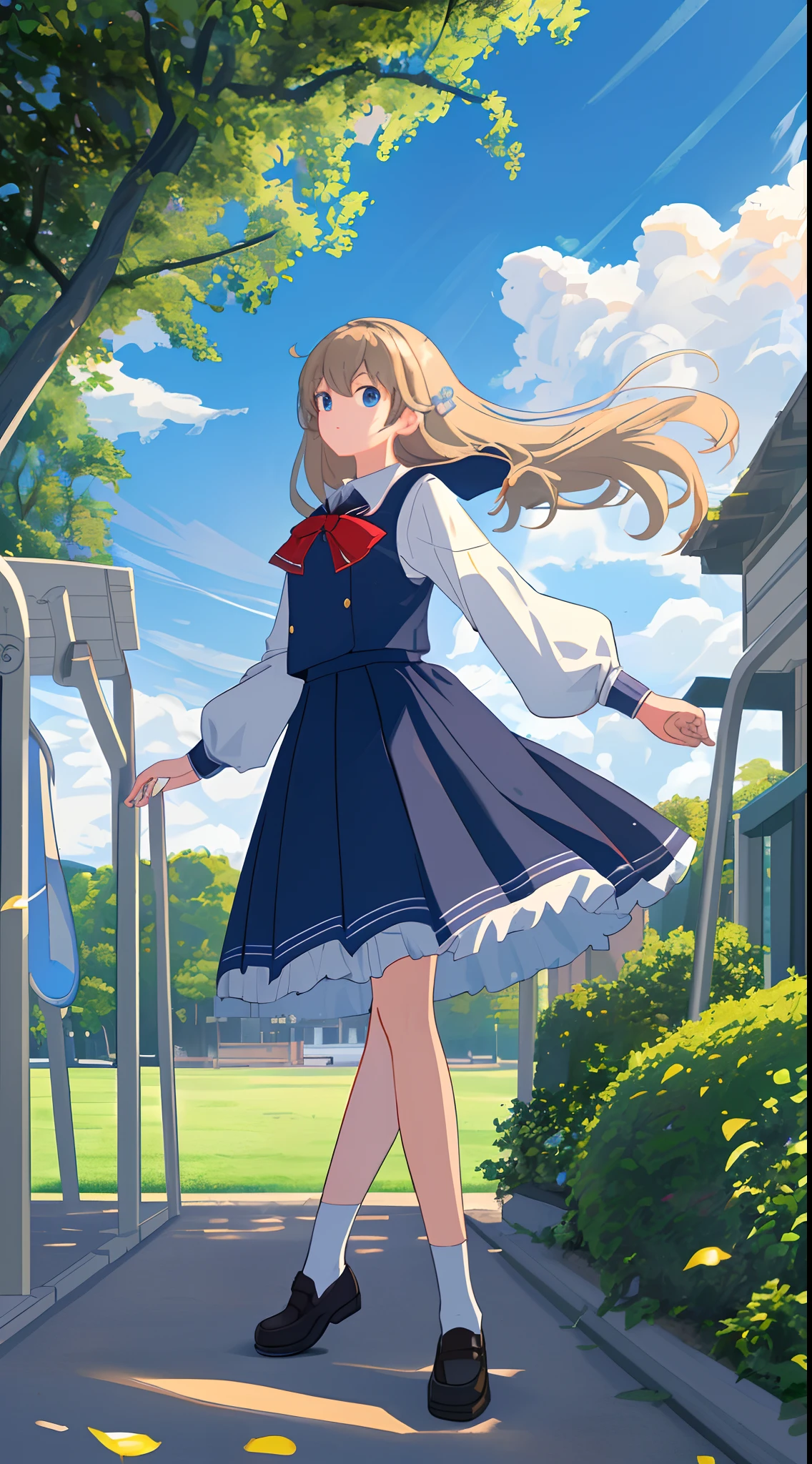 tmasterpiece, top-quality, (Extremely detailed CG unified 8K wallpaper) (top-quality), (The best illustrations), (Best shade)、Super meticulous, blue-sky、Various clouds、It's beautiful，School playground