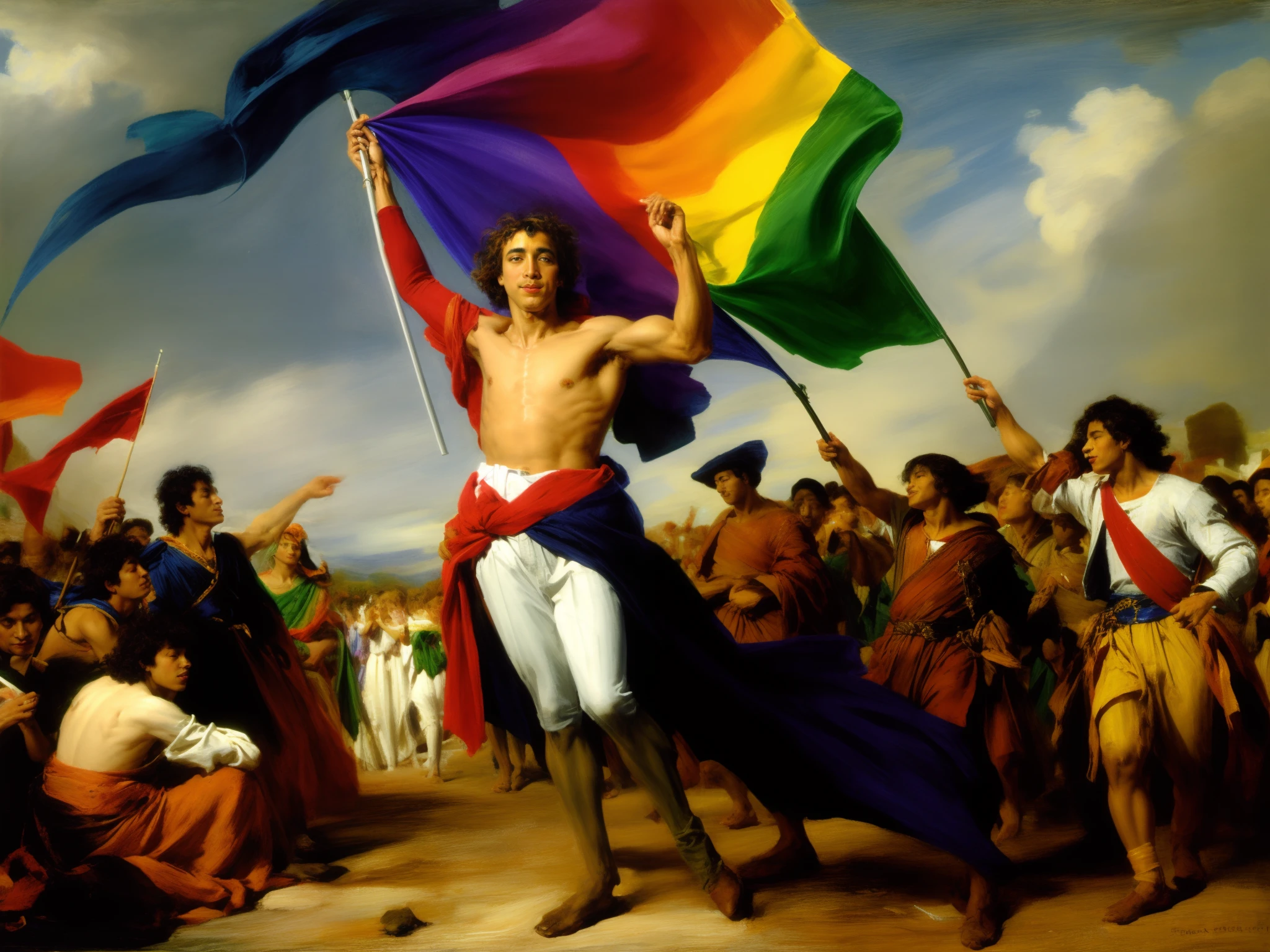 Rainbow flags fluttering in the wind、The rainbow flag is red, orange, yellow, green, blue, indigo, and purple.、A detailed face,detailed finger,tre anatomically correct、vestments